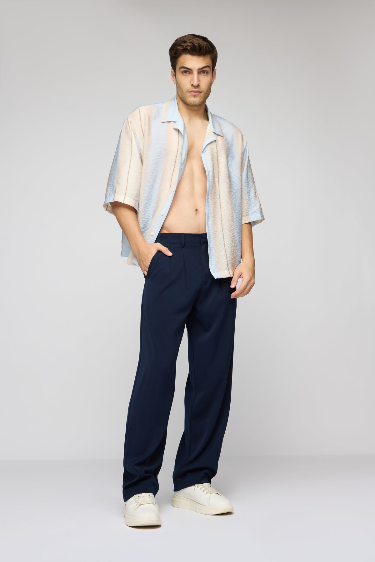 Navy Pleated Men's Straight Korean Pants