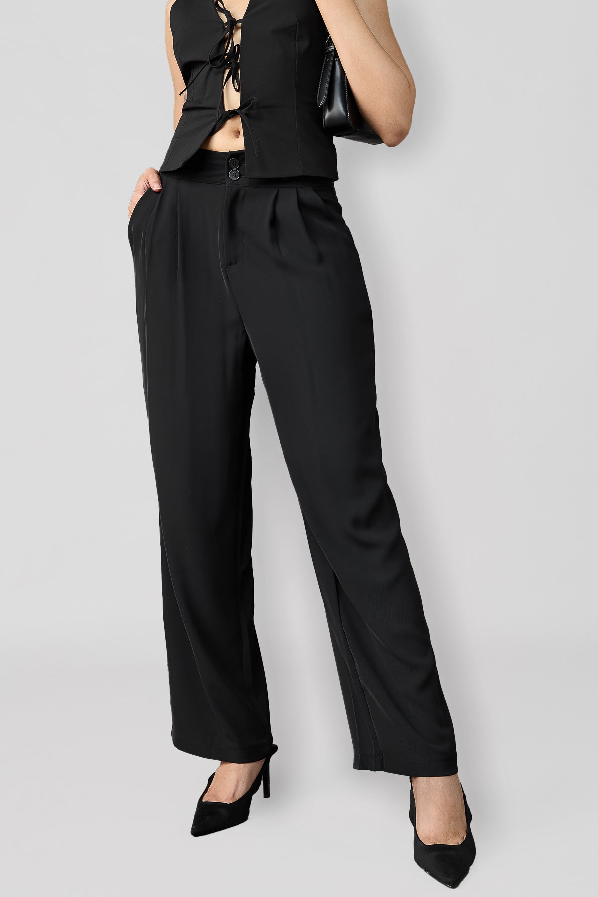 Midnight Black Pleated Women's Straight Korean Pants
