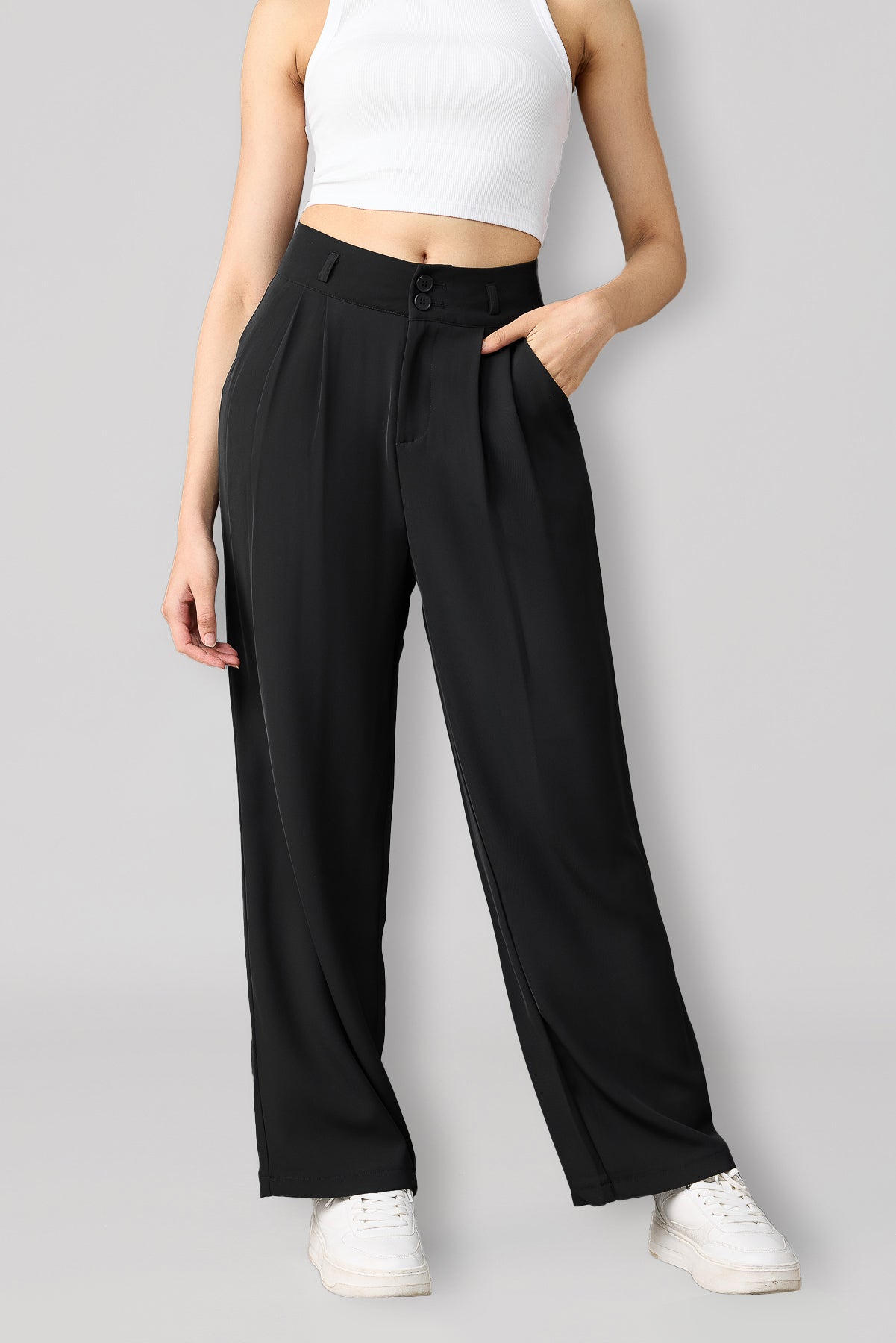 Black Pleated Women's Straight Korean Pants