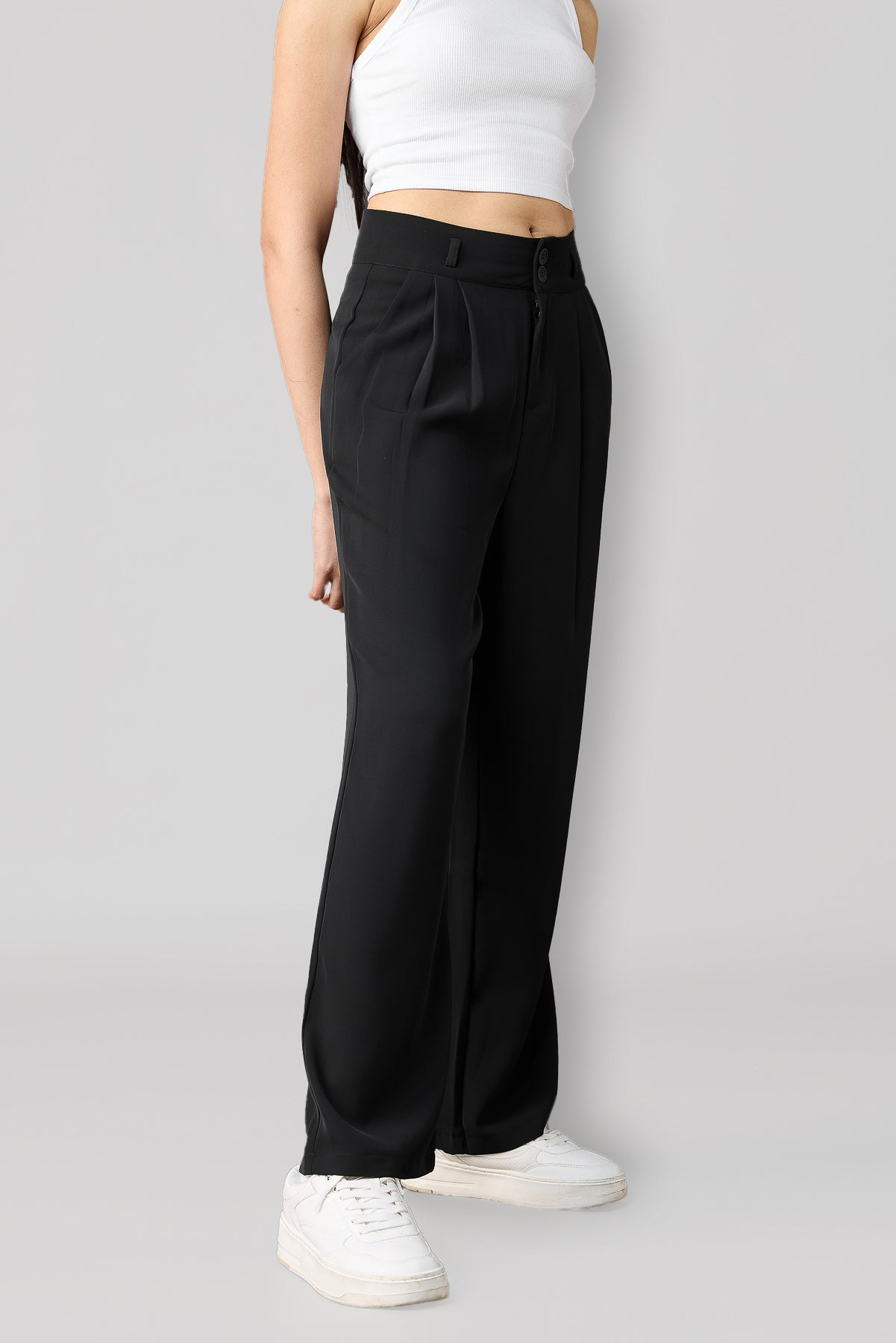 Black Pleated Women's Straight Korean Pants