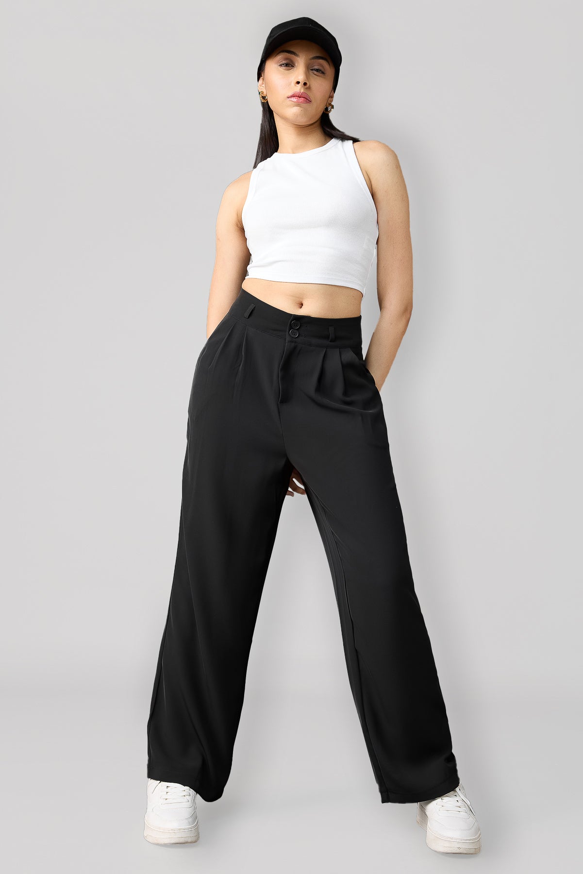 Black Pleated Women's Straight Korean Pants