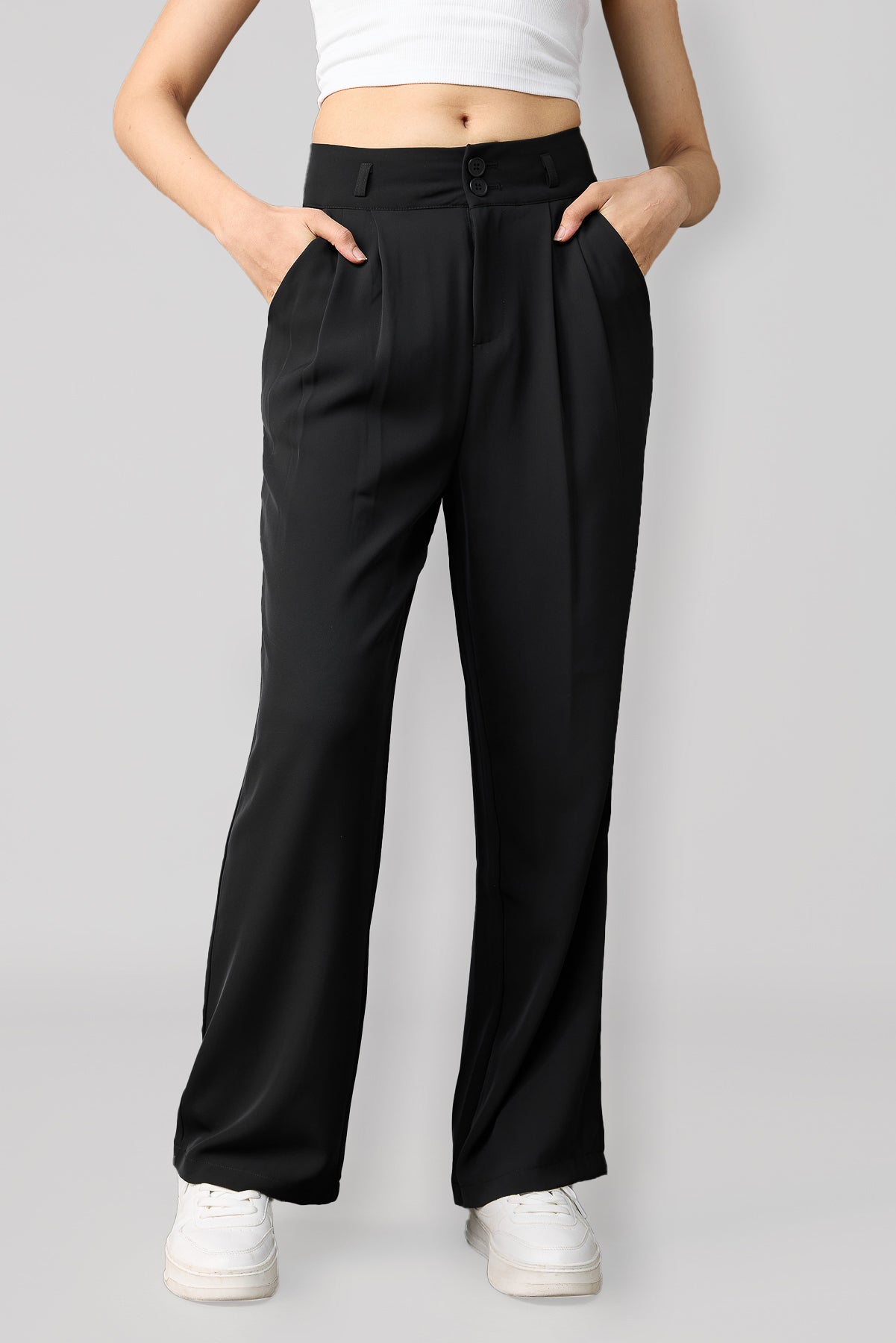 Black Pleated Women's Straight Korean Pants