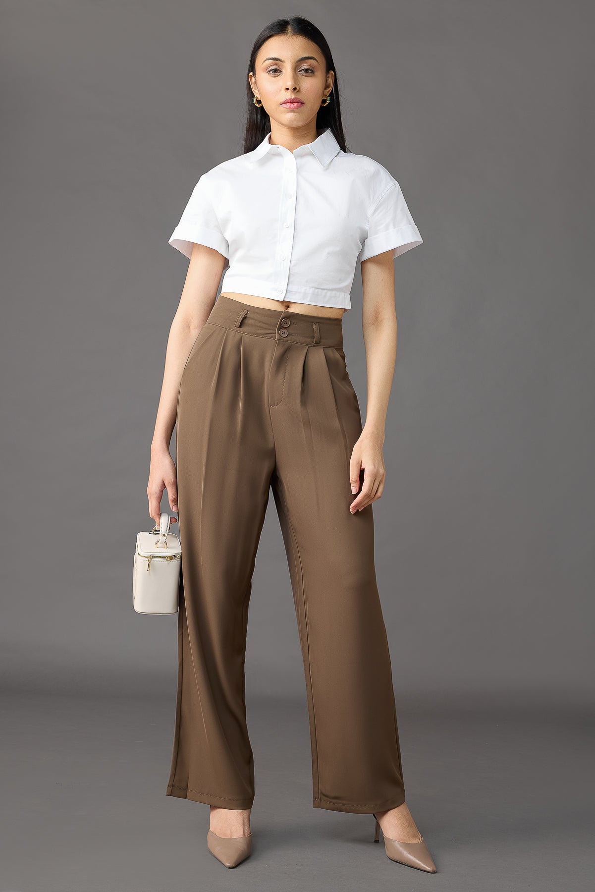 Olive Brown Pleated Women's Straight Korean Pants