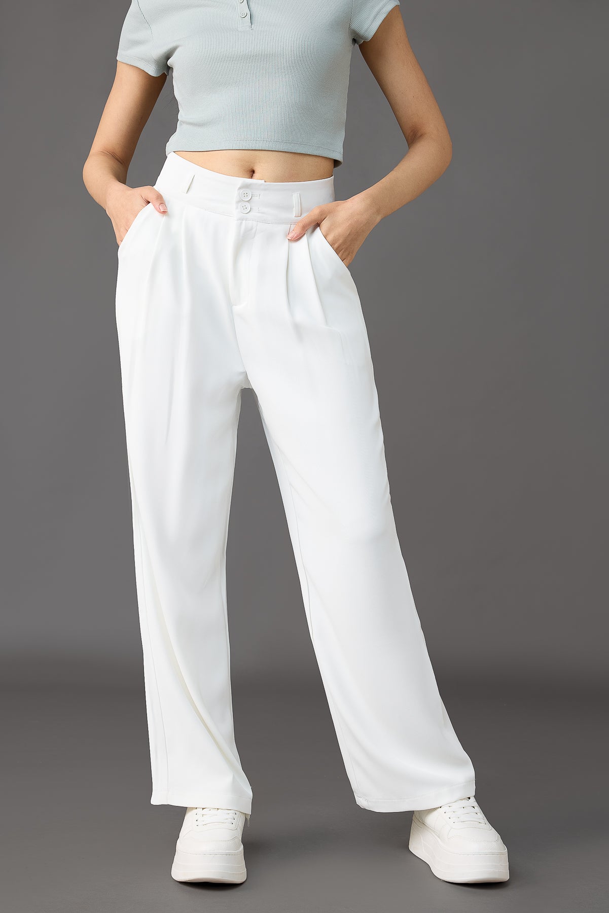 Seoul White Pleated Women's Straight Korean Pants