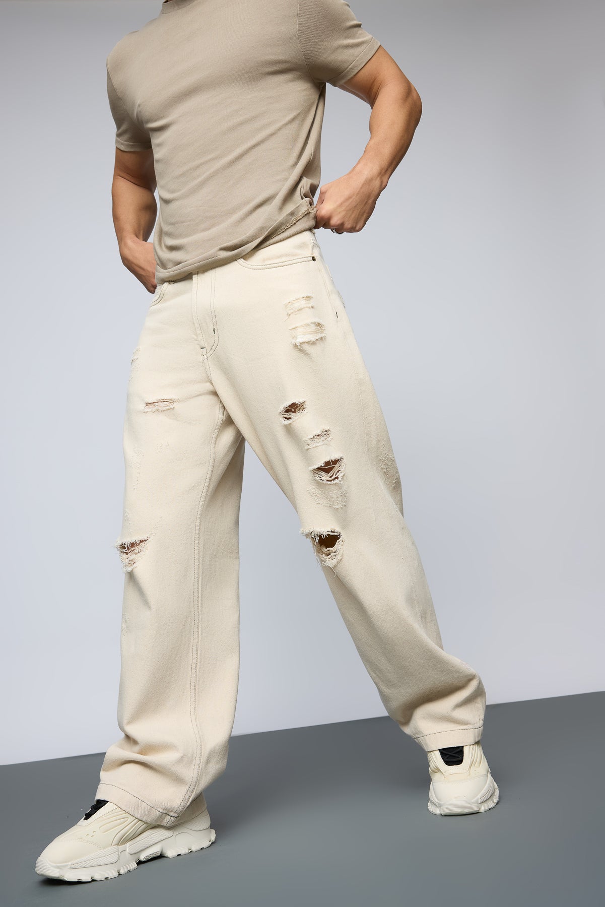 Ecru Escape Distressed Men's Baggy Straight Jeans