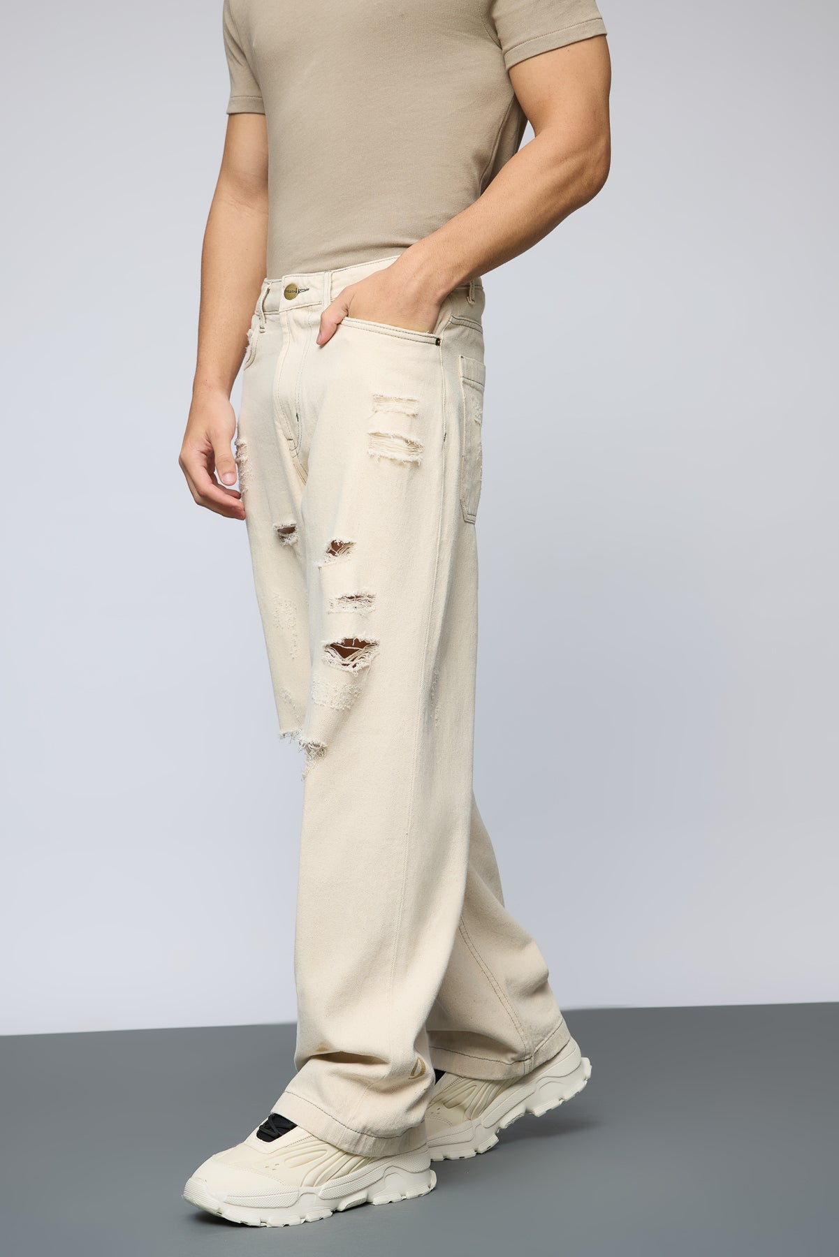 Ecru Escape Distressed Men's Baggy Straight Jeans