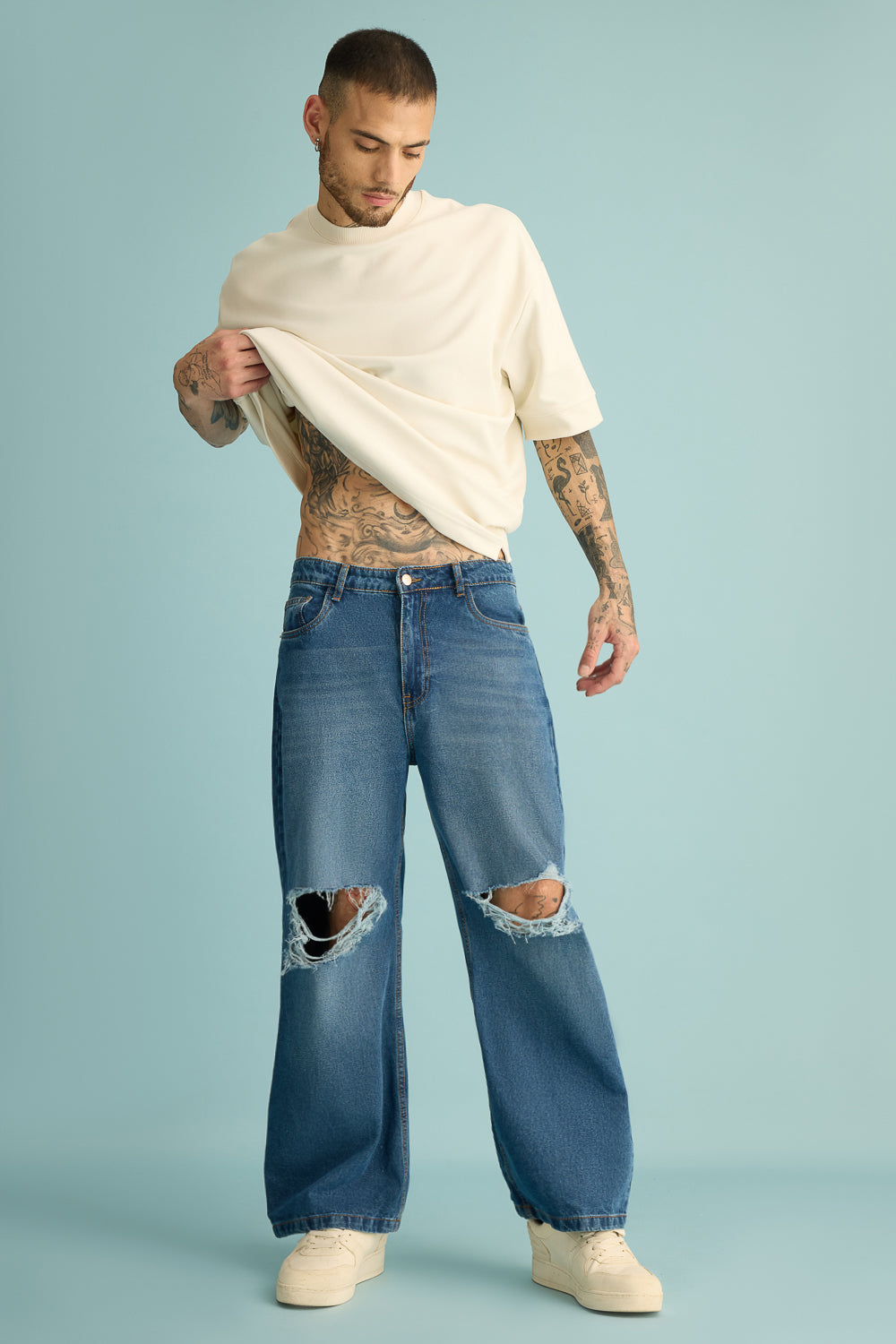 Mid Blue Distressed Men's Wide Jeans
