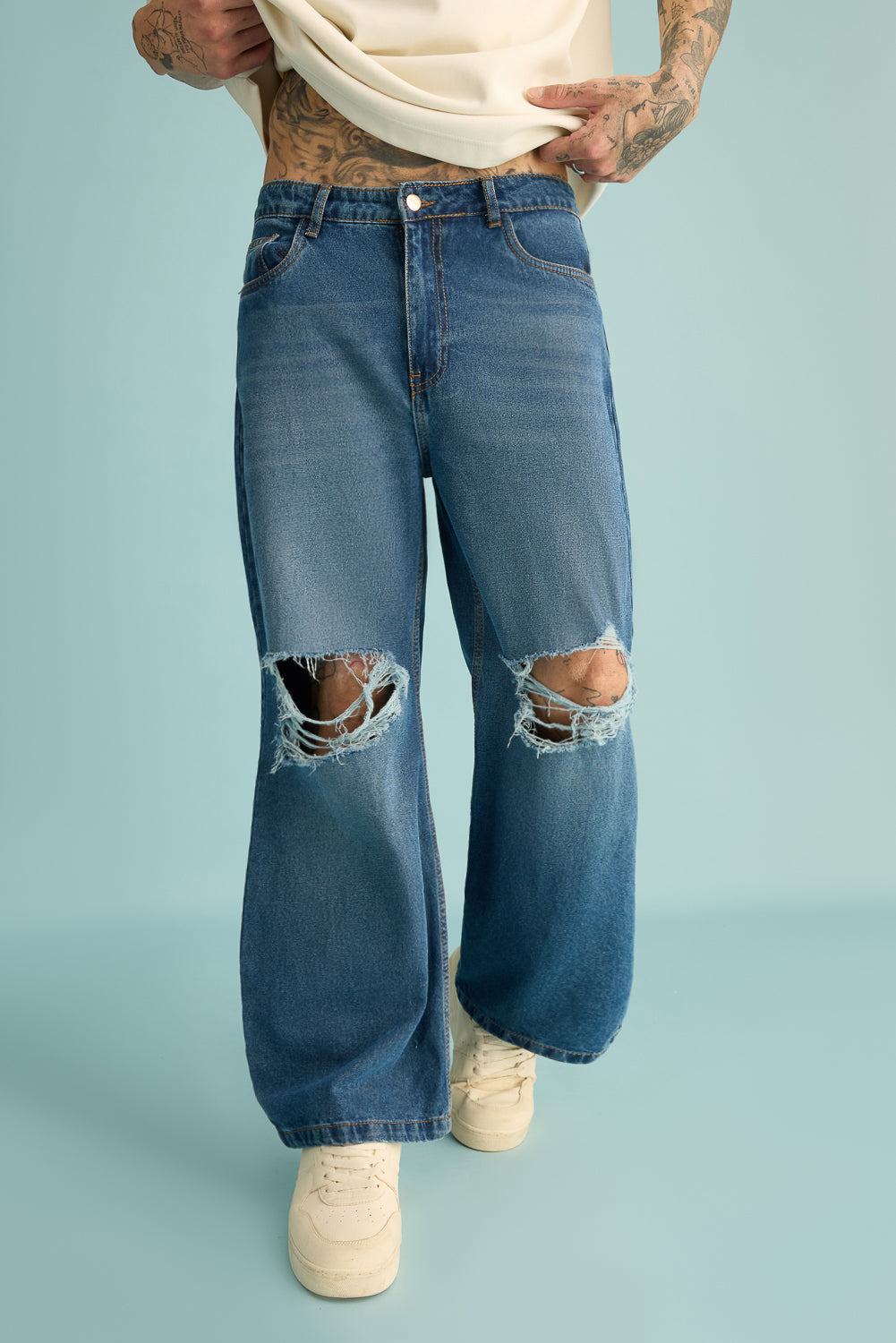 Mid Blue Distressed Men's Wide Jeans