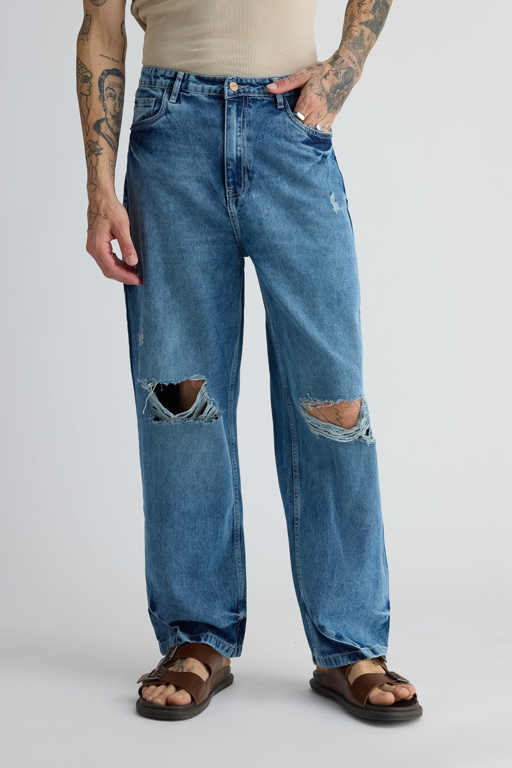 Classic Blue Ripped Men's Straight Jeans