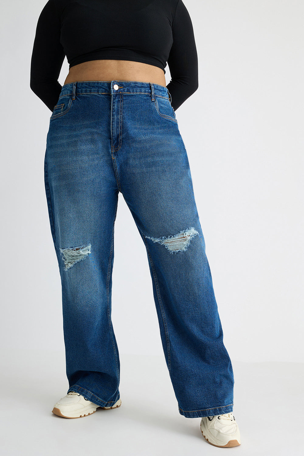 Curve Carbon Blue Knee Distressed Wide Jeans
