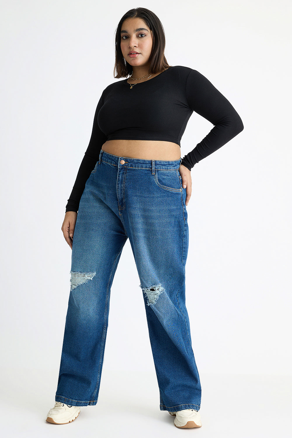 Curve Carbon Blue Knee Distressed Wide Jeans