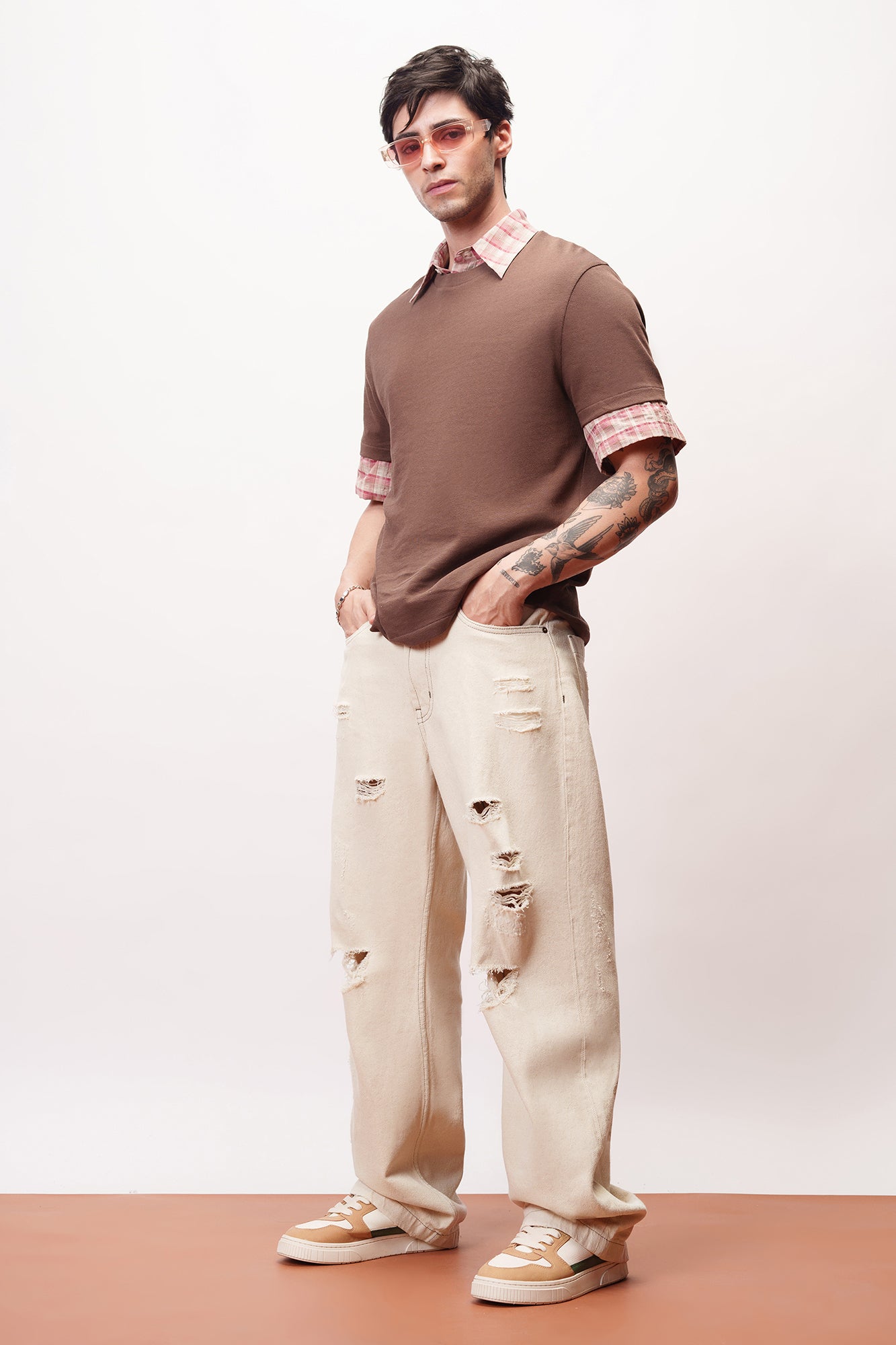 Dewy Ecru Distressed Men's Baggy Straight Jeans