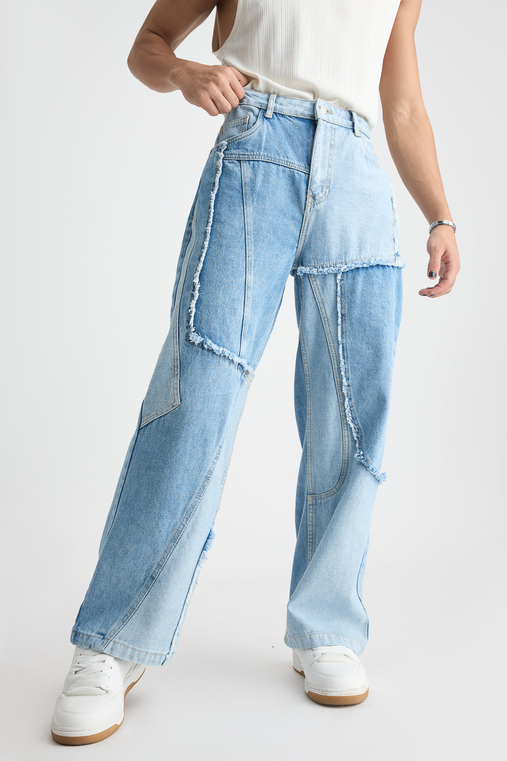 Blue Patchwork Men's Straight Jeans