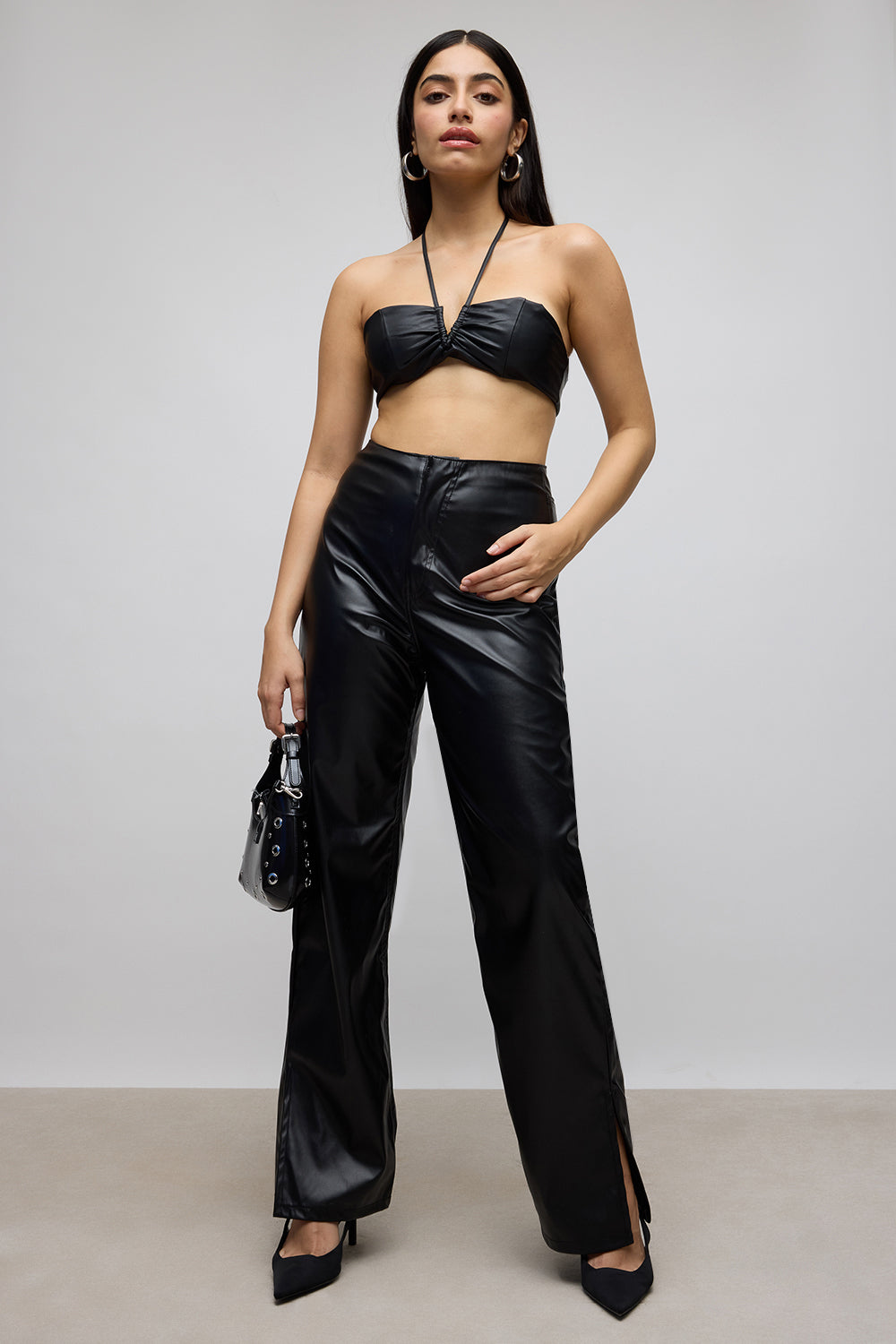 Black Side Slit Women's Straight Leather Pants