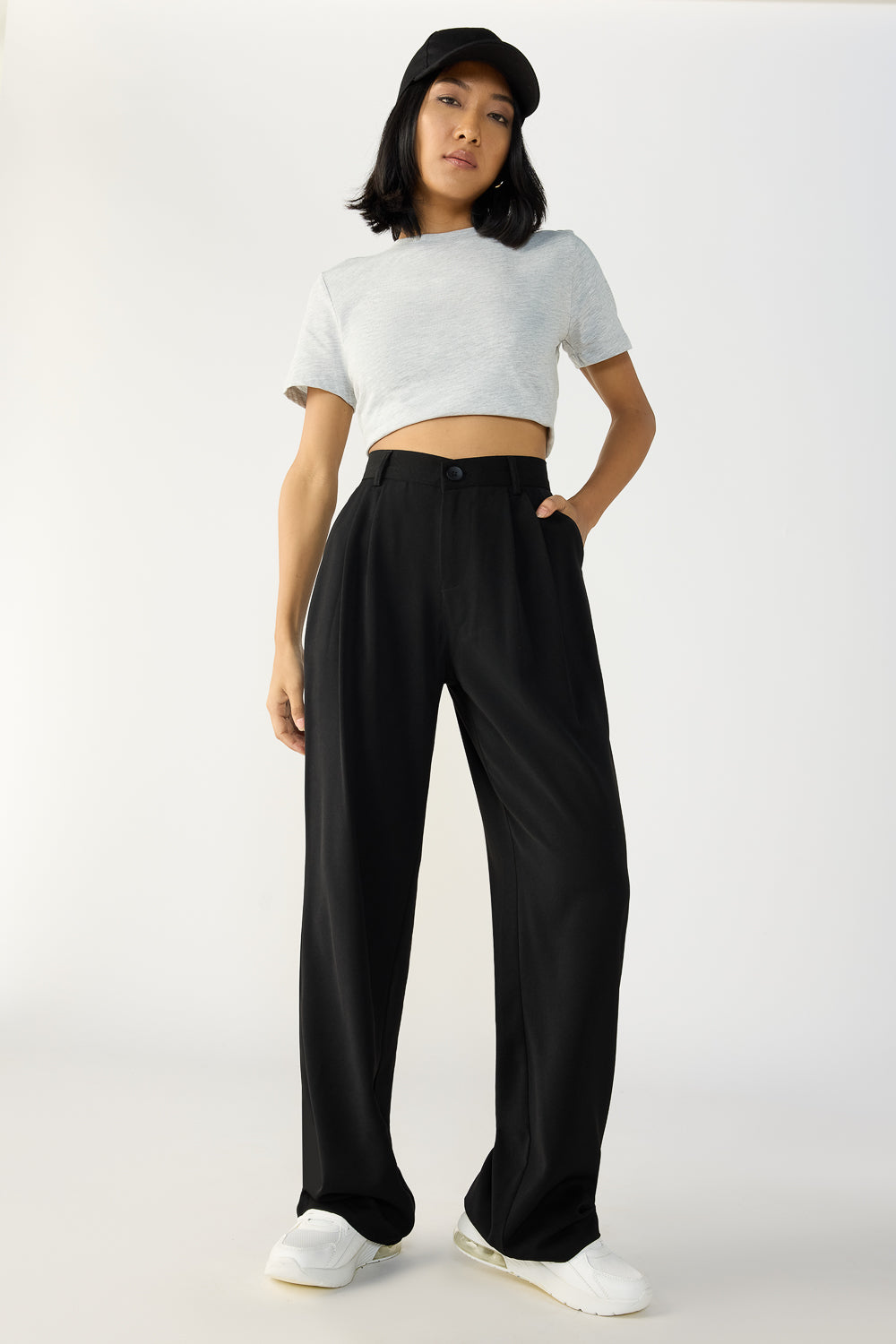 Black Double Pleated Women's Straight Korean Pants