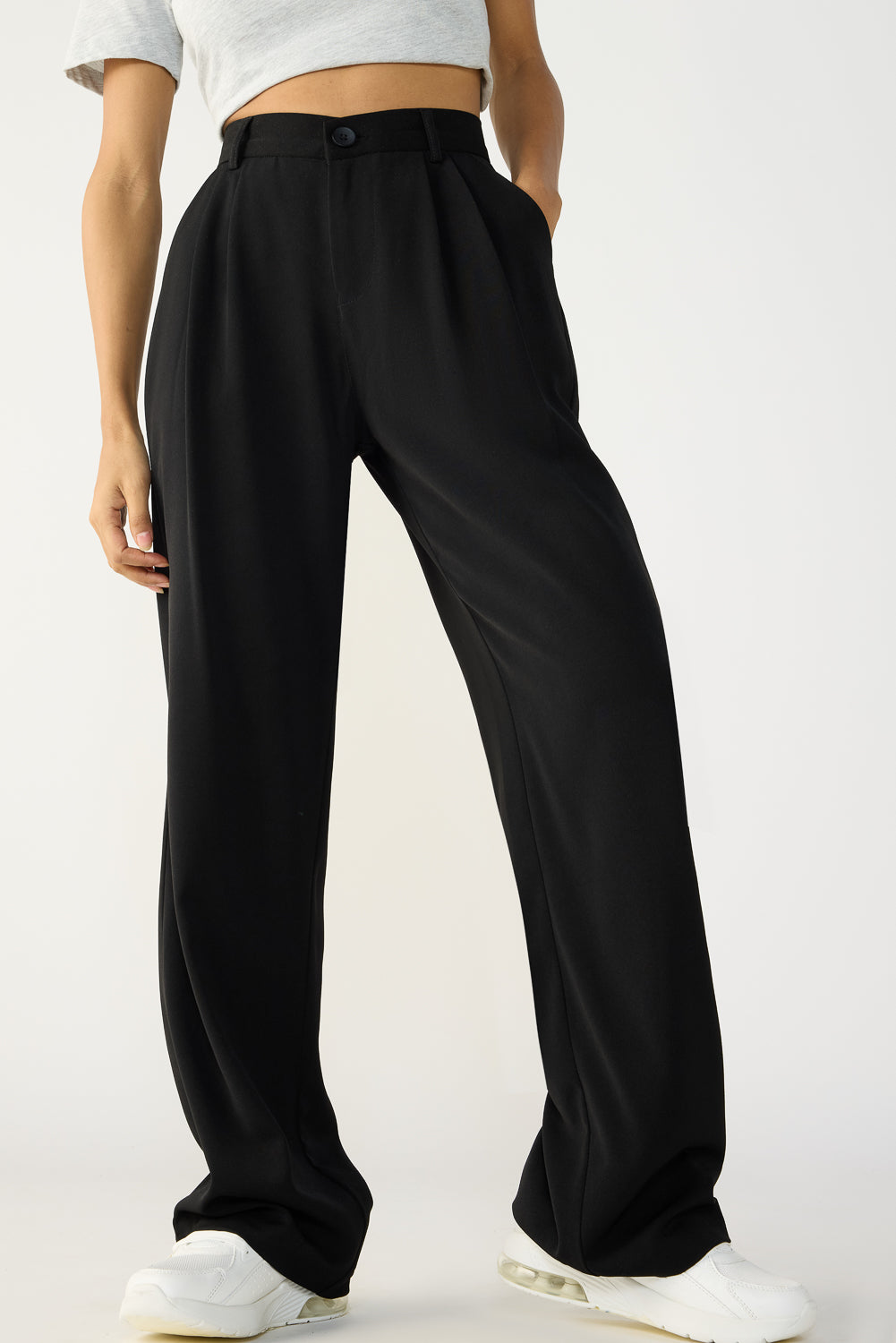 Black Double Pleated Women's Straight Korean Pants