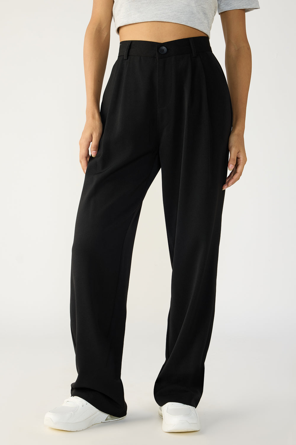 Black Double Pleated Women's Straight Korean Pants