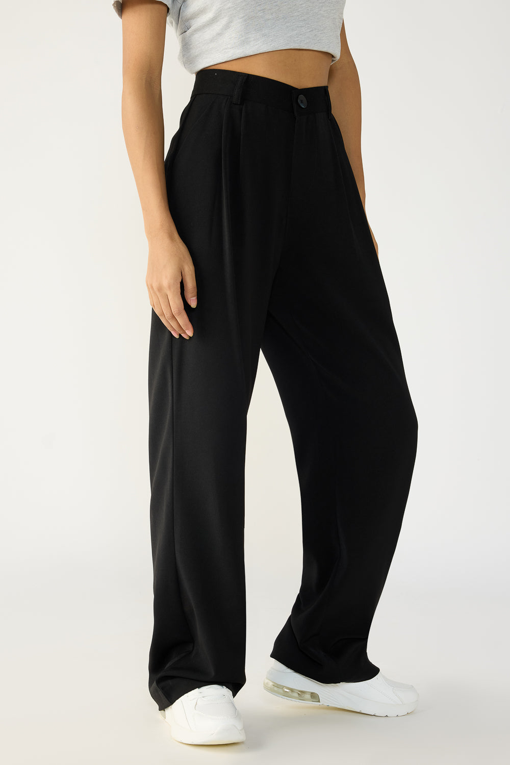 Black Double Pleated Women's Straight Korean Pants
