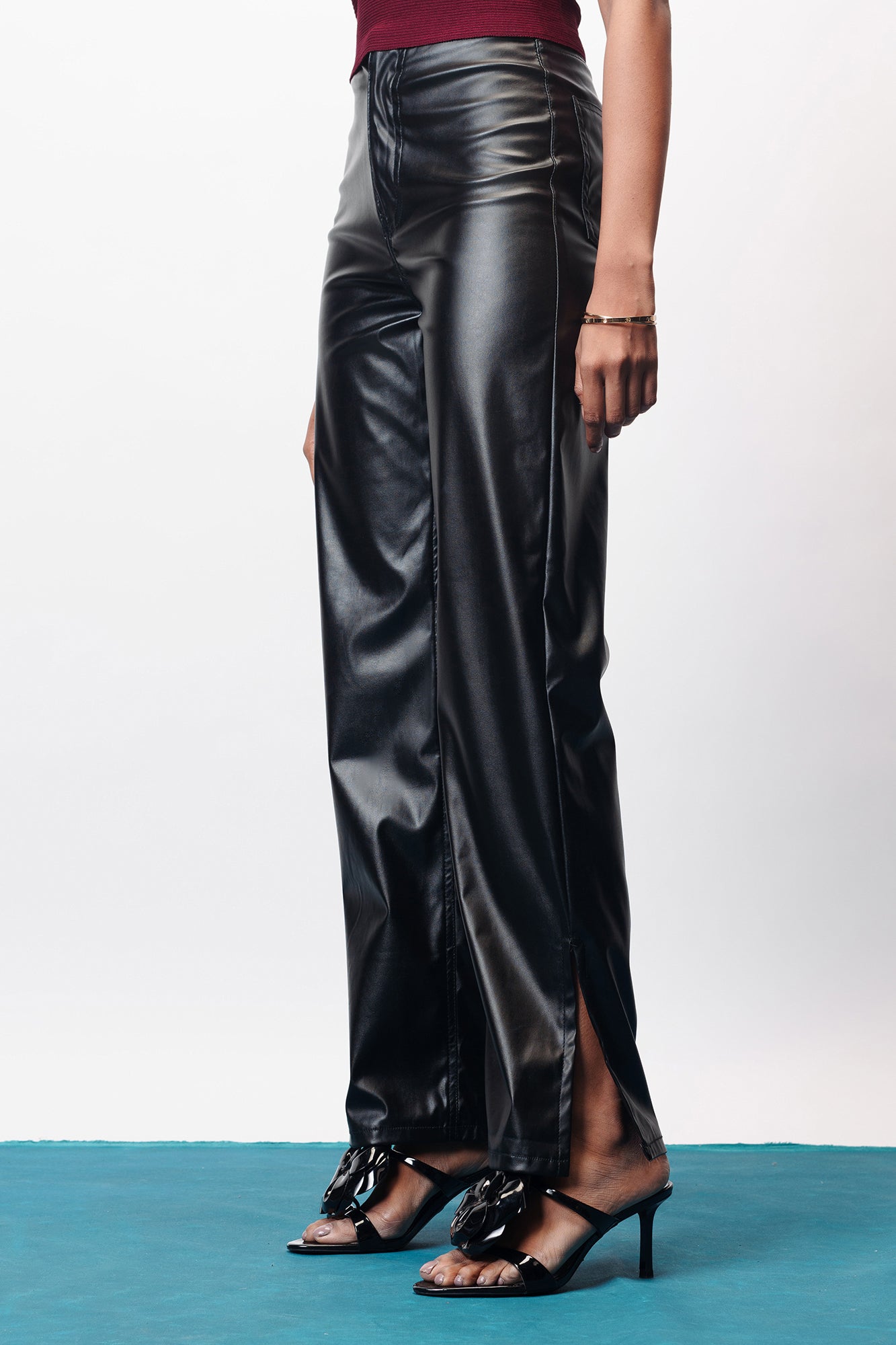 Iconic Black Slit Hem Women's Straight Leather Pants
