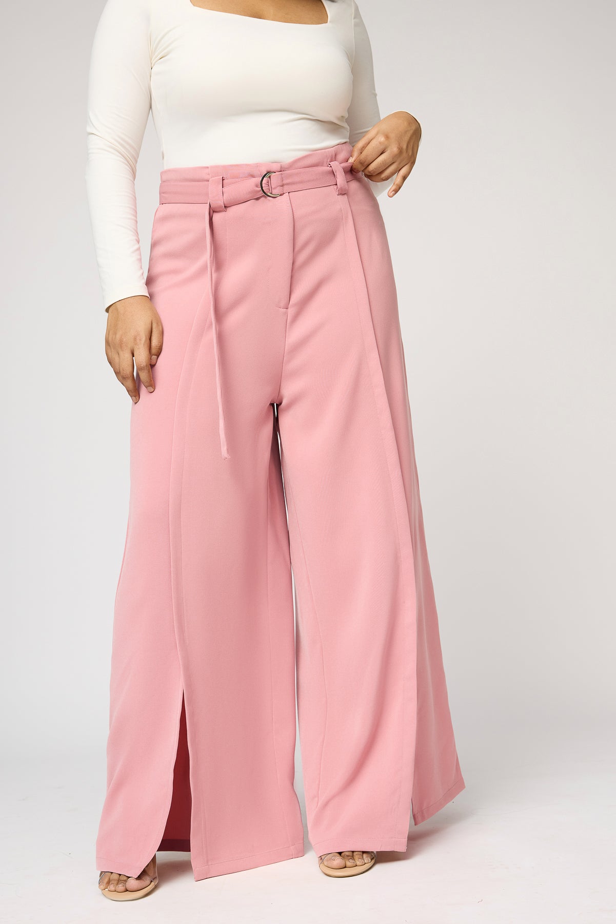 Curve Peony Pink Belted Flared Korean Pants