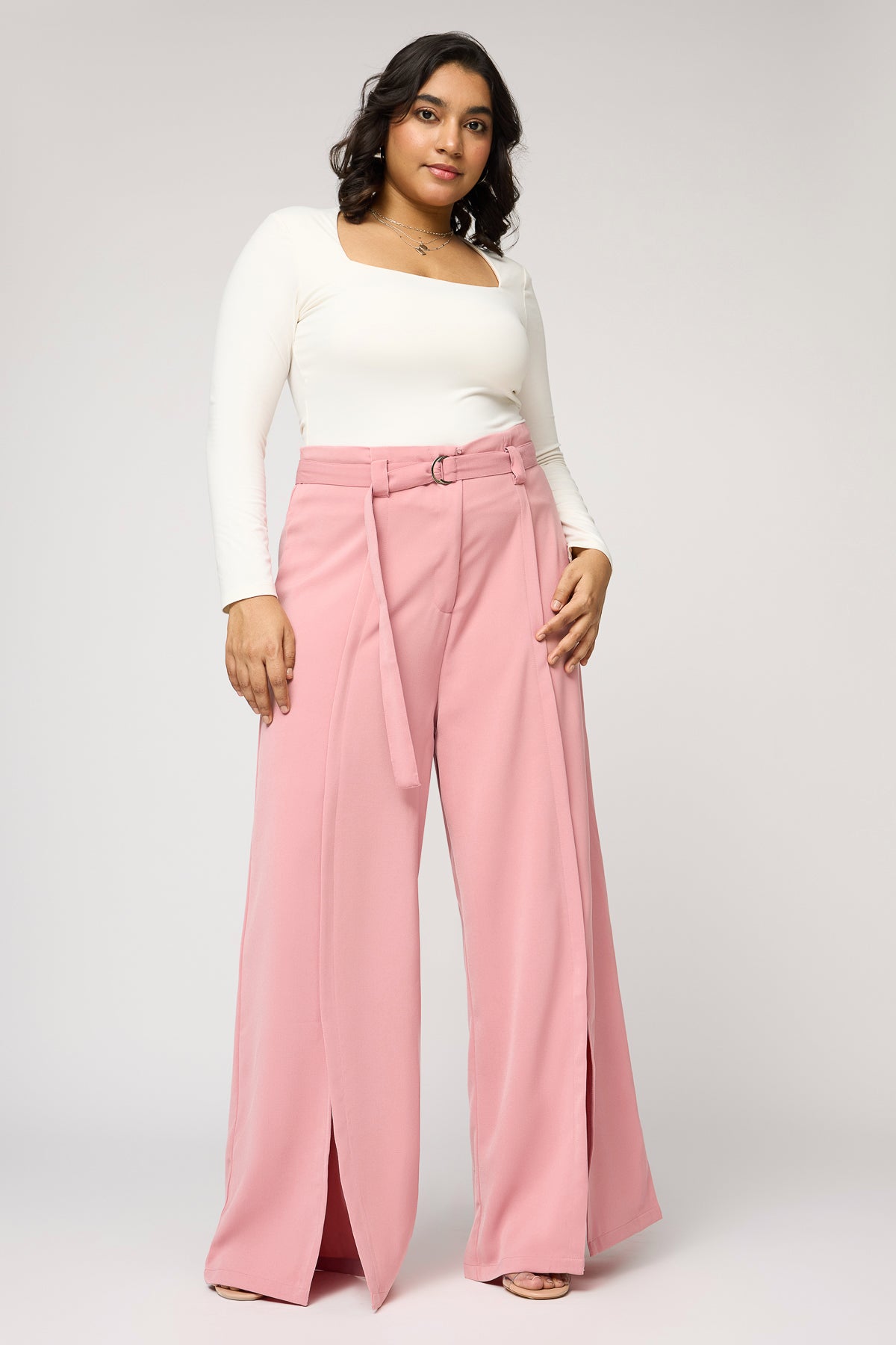 Curve Peony Pink Belted Flared Korean Pants