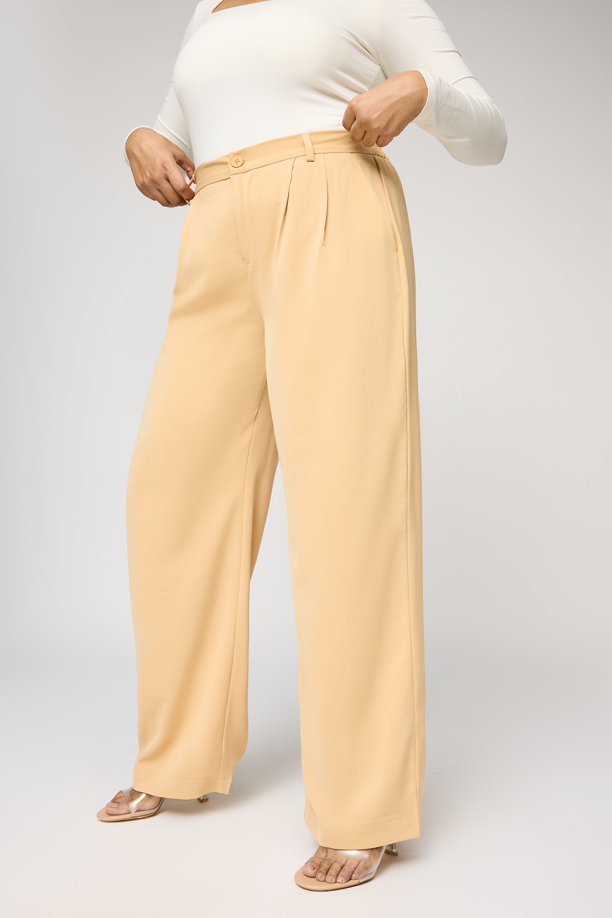 Nude Beige Curve Pleated Straight Korean Pants