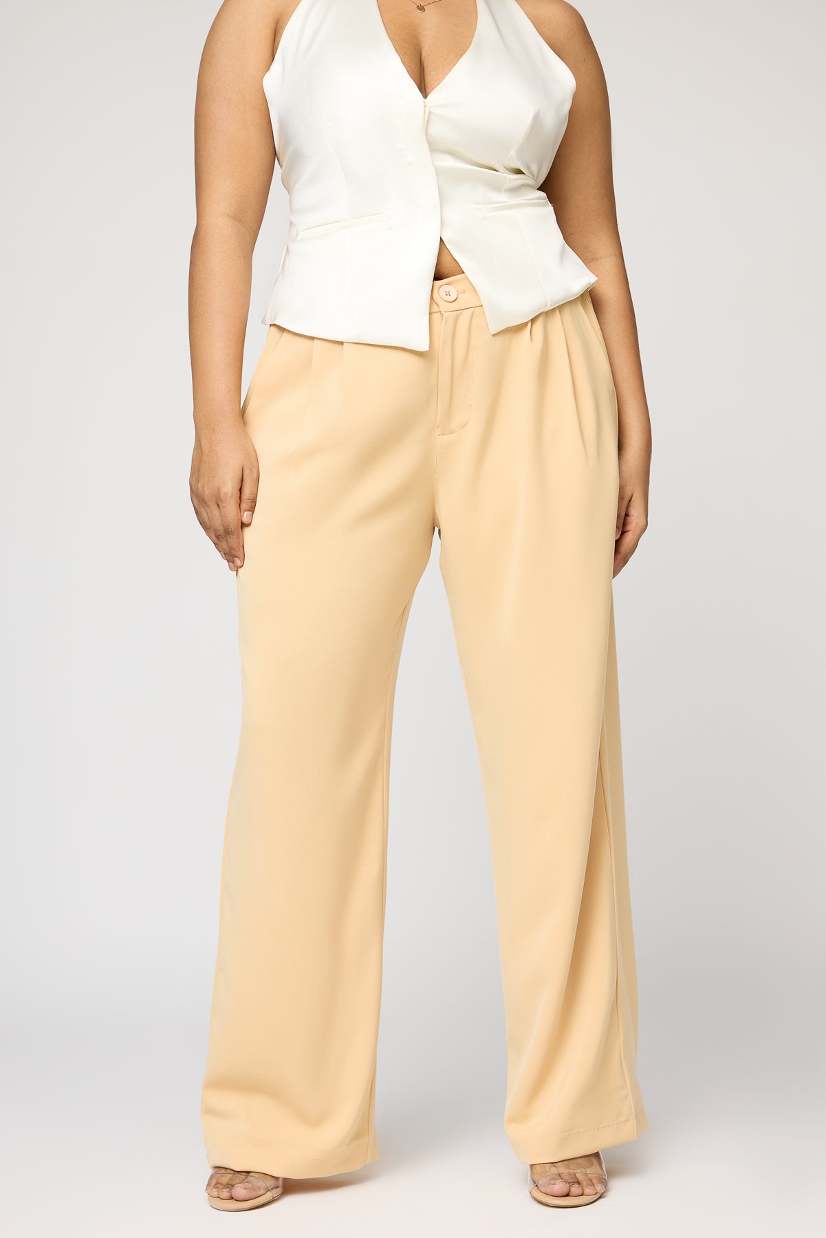 Maple Beige Curve Pleated Straight Korean Pants