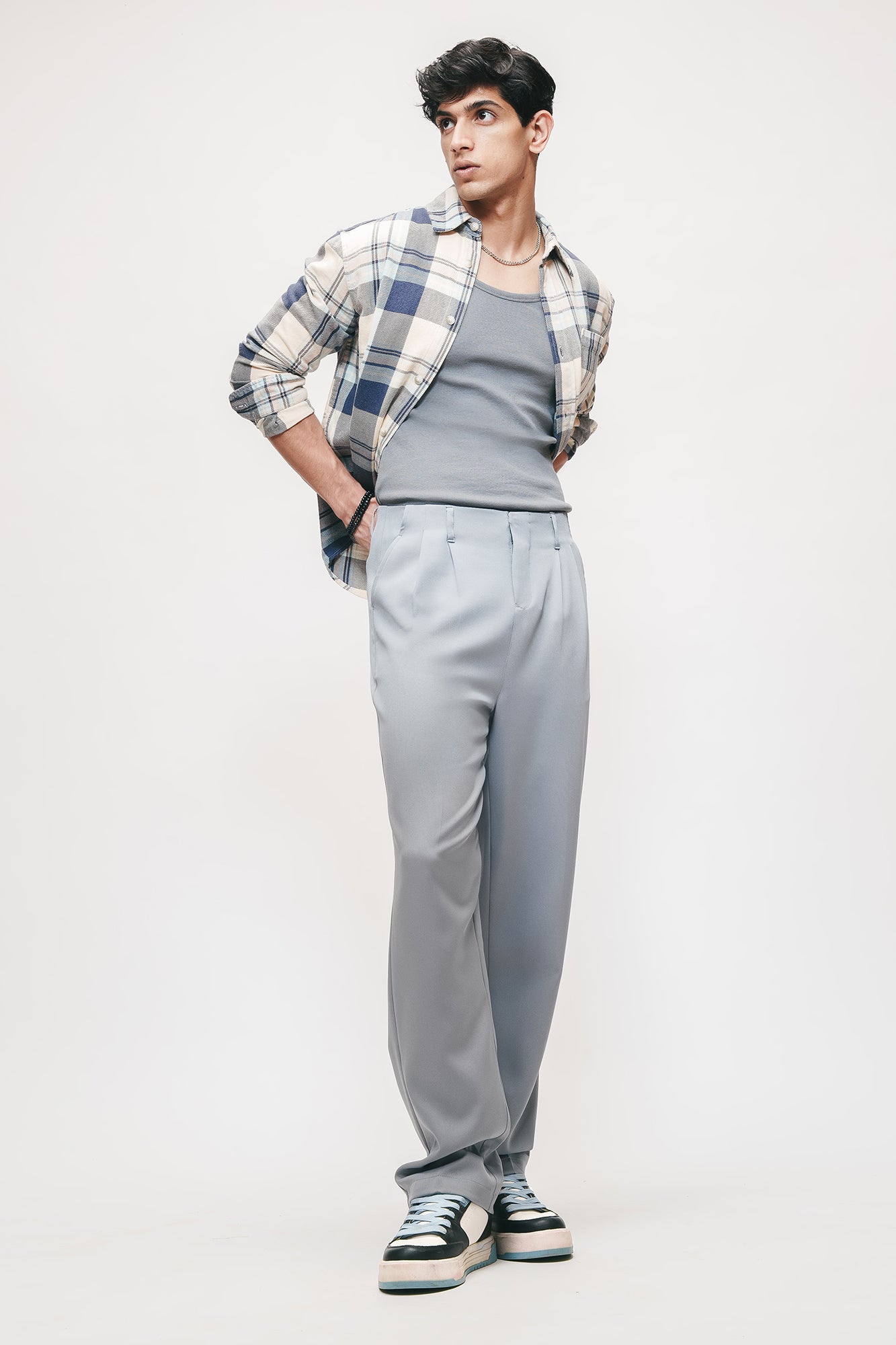 Stone Grey Double Pleated Men's Straight Korean Pants