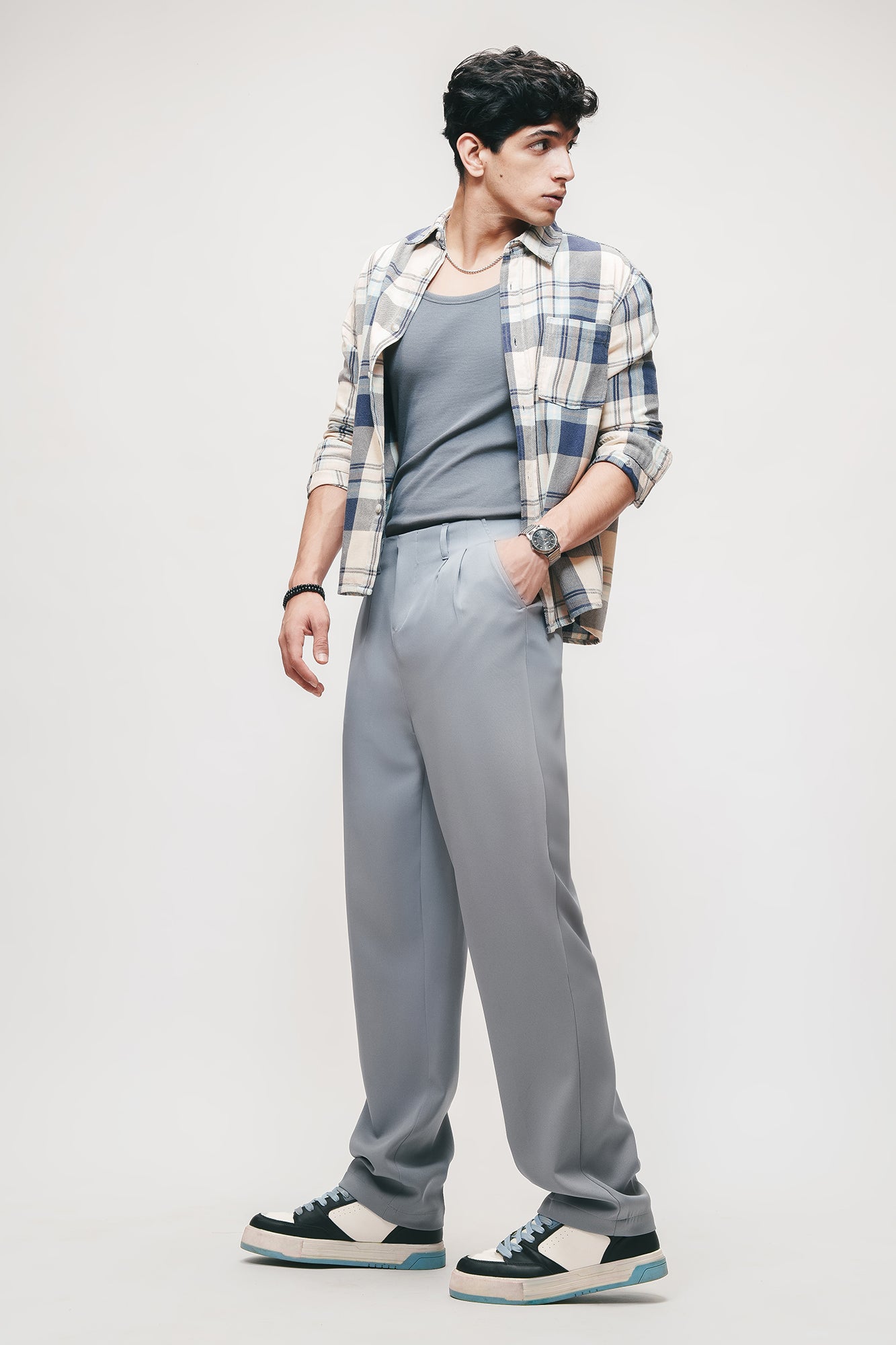 Stone Grey Double Pleated Men's Straight Korean Pants