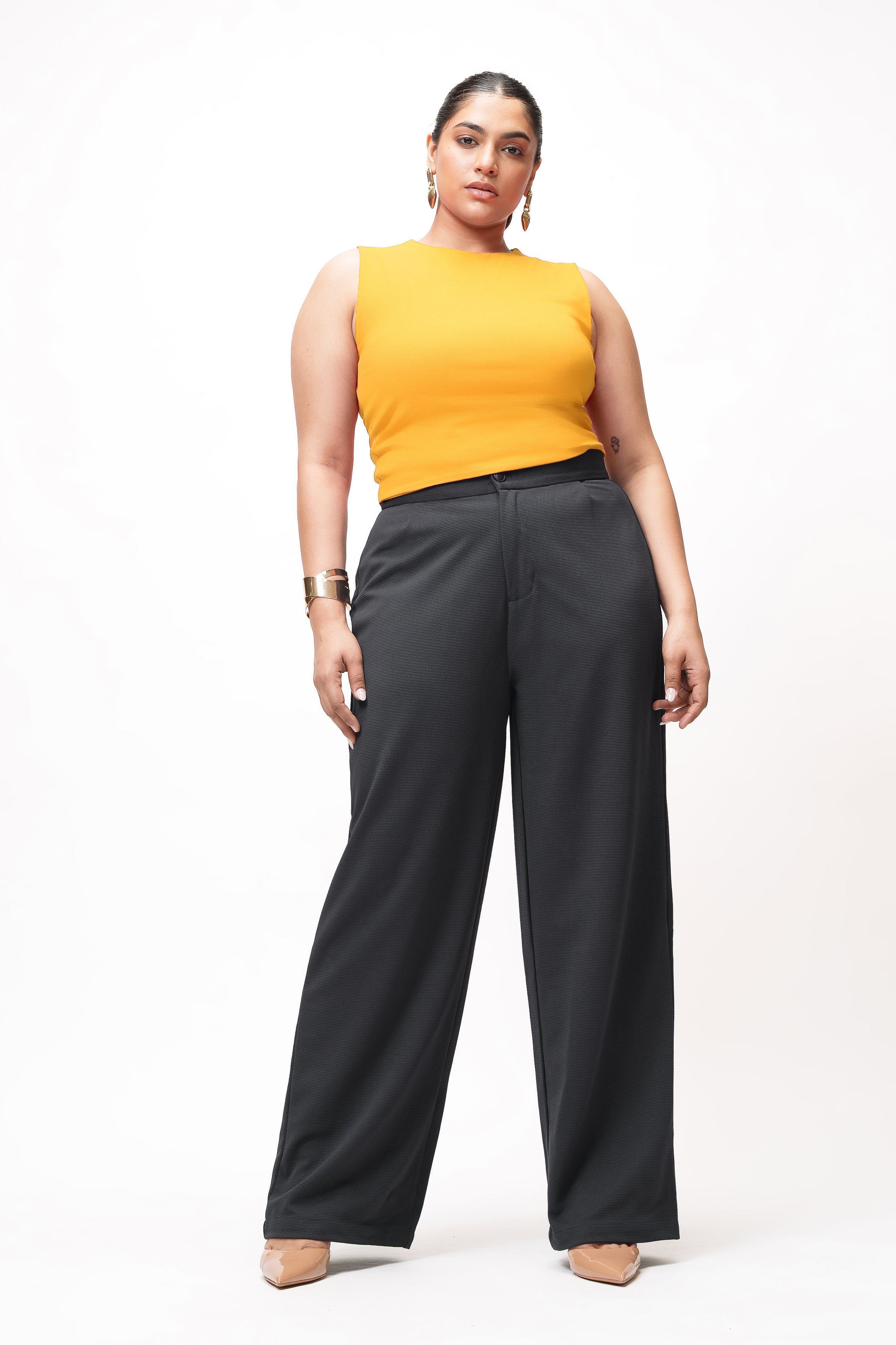 Bold Black Curve Textured Korean Pants