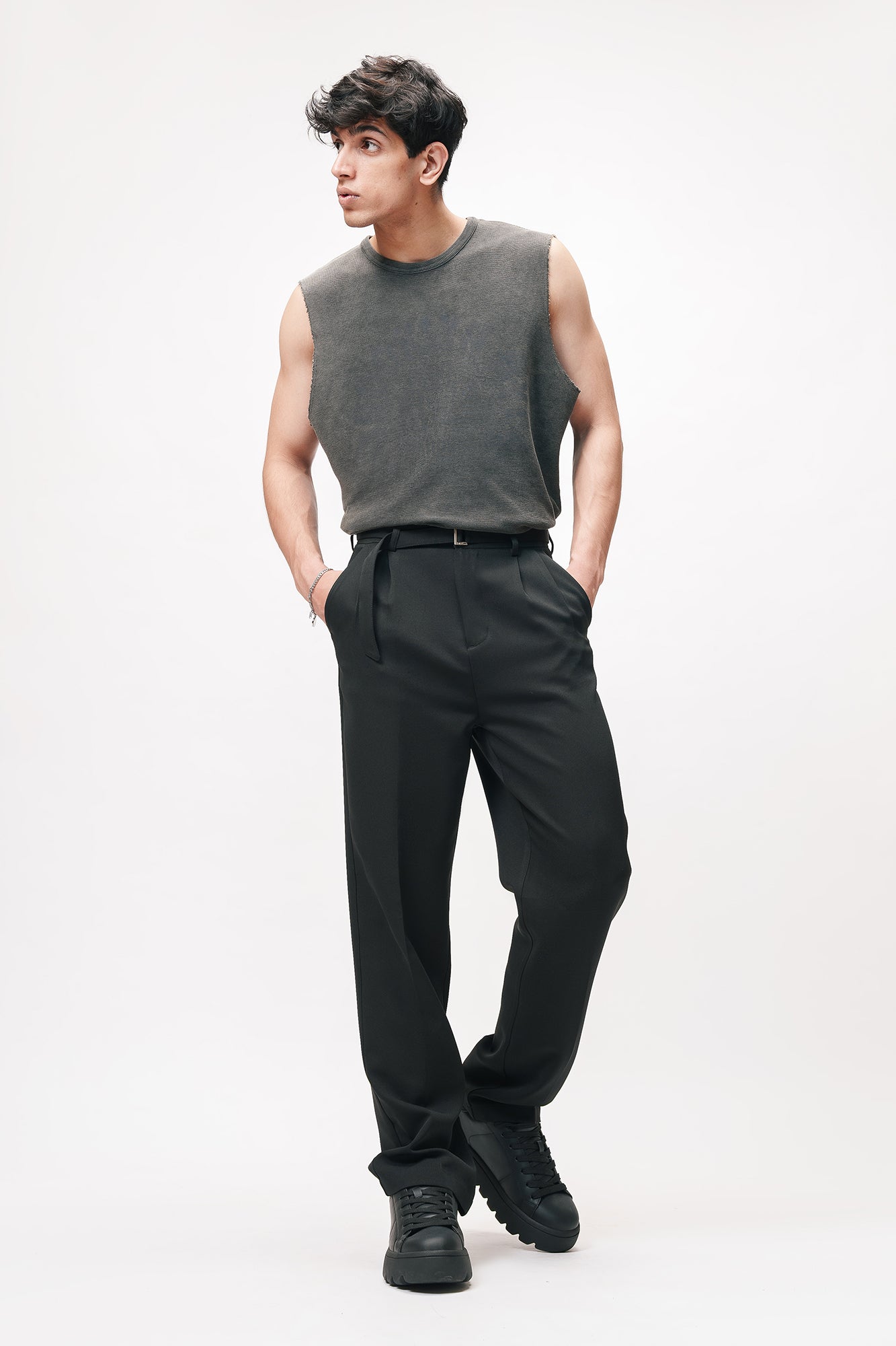 Galaxy Black Belted Men's Straight Korean Pants
