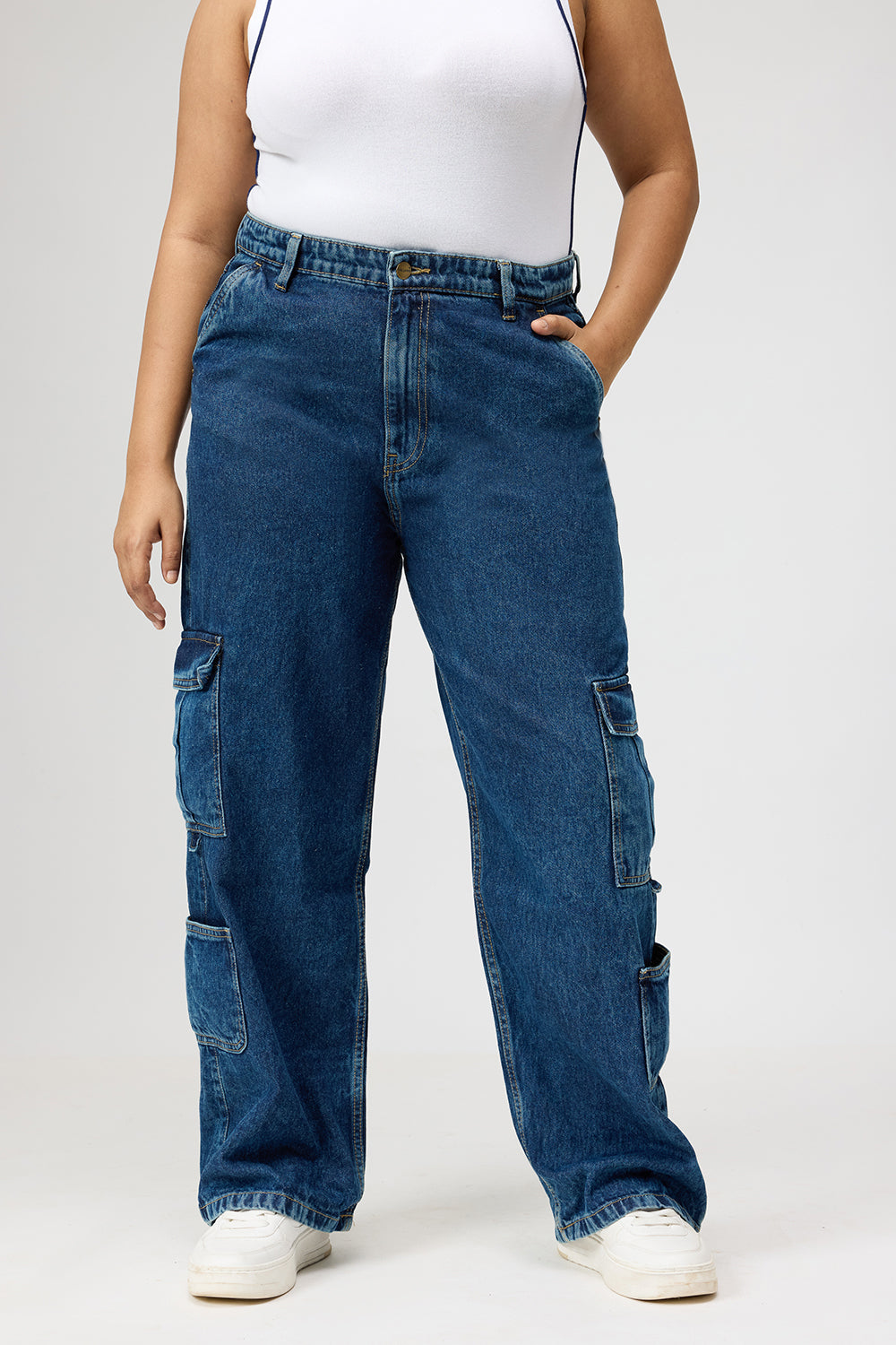 Curve Dark Blue Baggy Straight Cargo Jeans