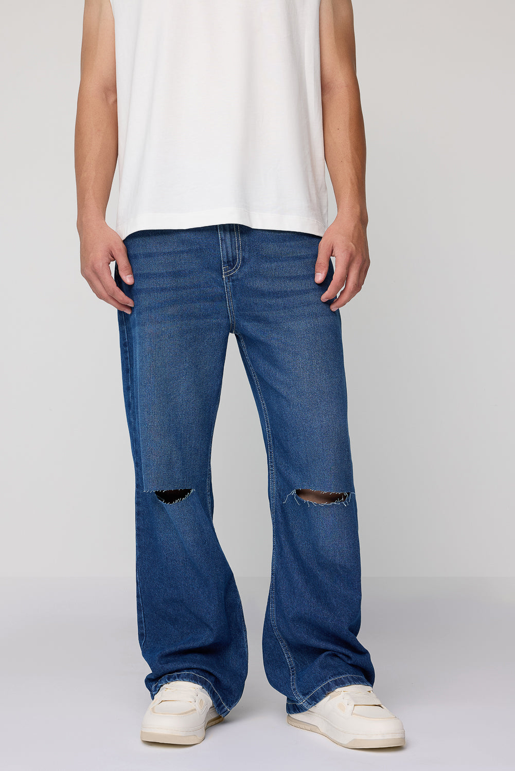 Vintage Blue Slit Knee Men's Baggy Straight Jeans