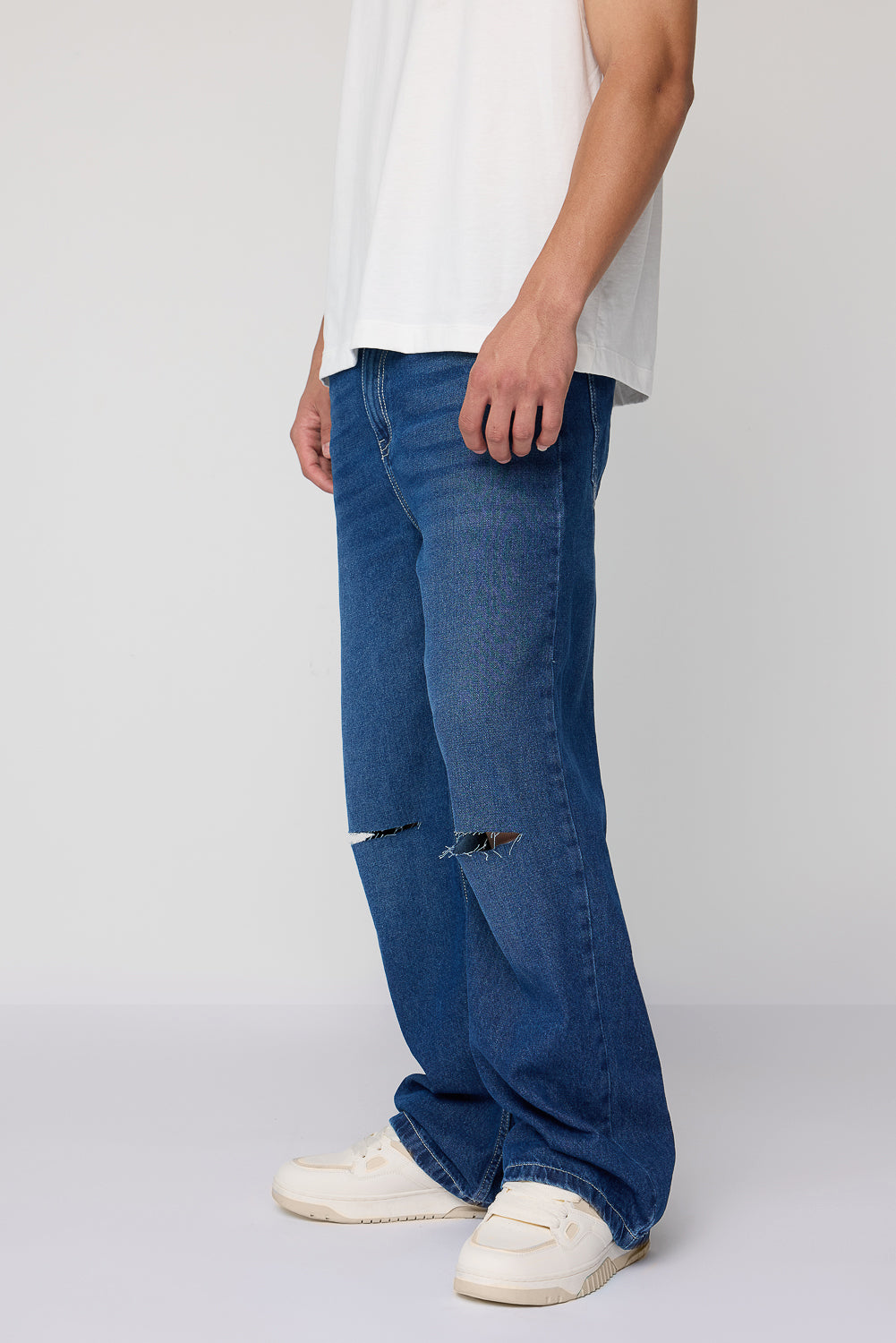 Vintage Blue Slit Knee Men's Baggy Straight Jeans