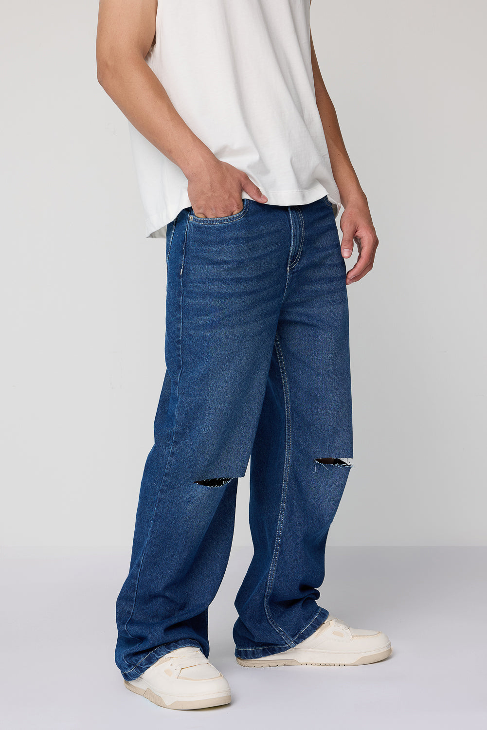 Vintage Blue Slit Knee Men's Baggy Straight Jeans