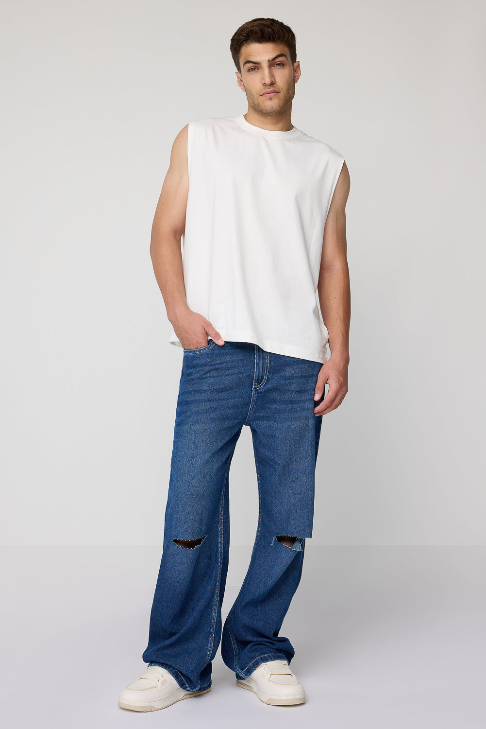 Vintage Blue Slit Knee Men's Baggy Straight Jeans