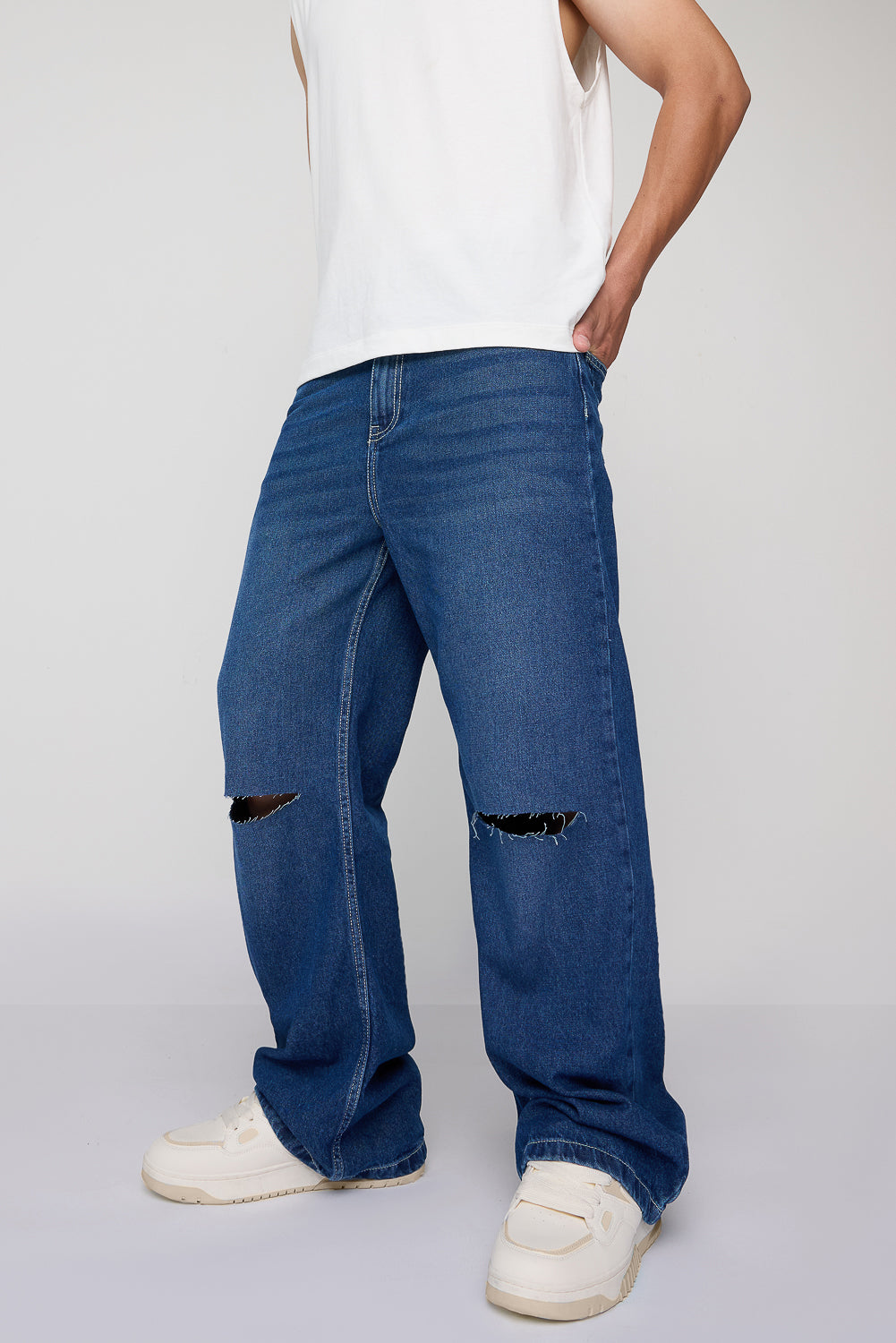 Vintage Blue Slit Knee Men's Baggy Straight Jeans