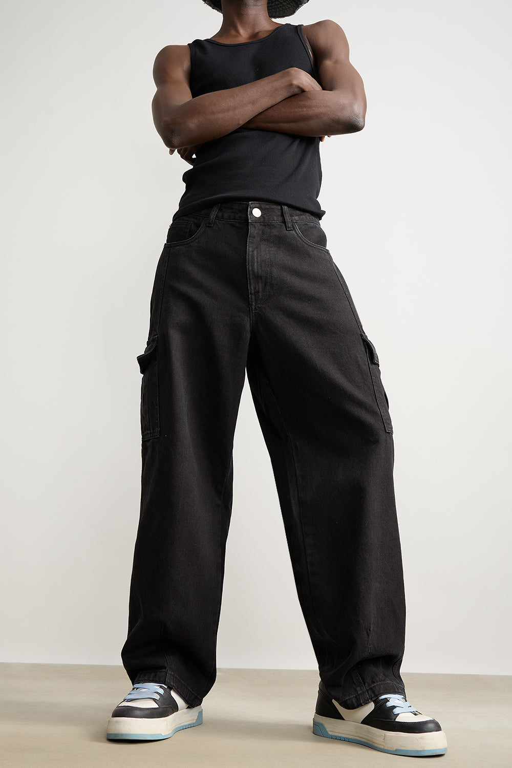 Black Men's Baggy Straight Cargo Jeans