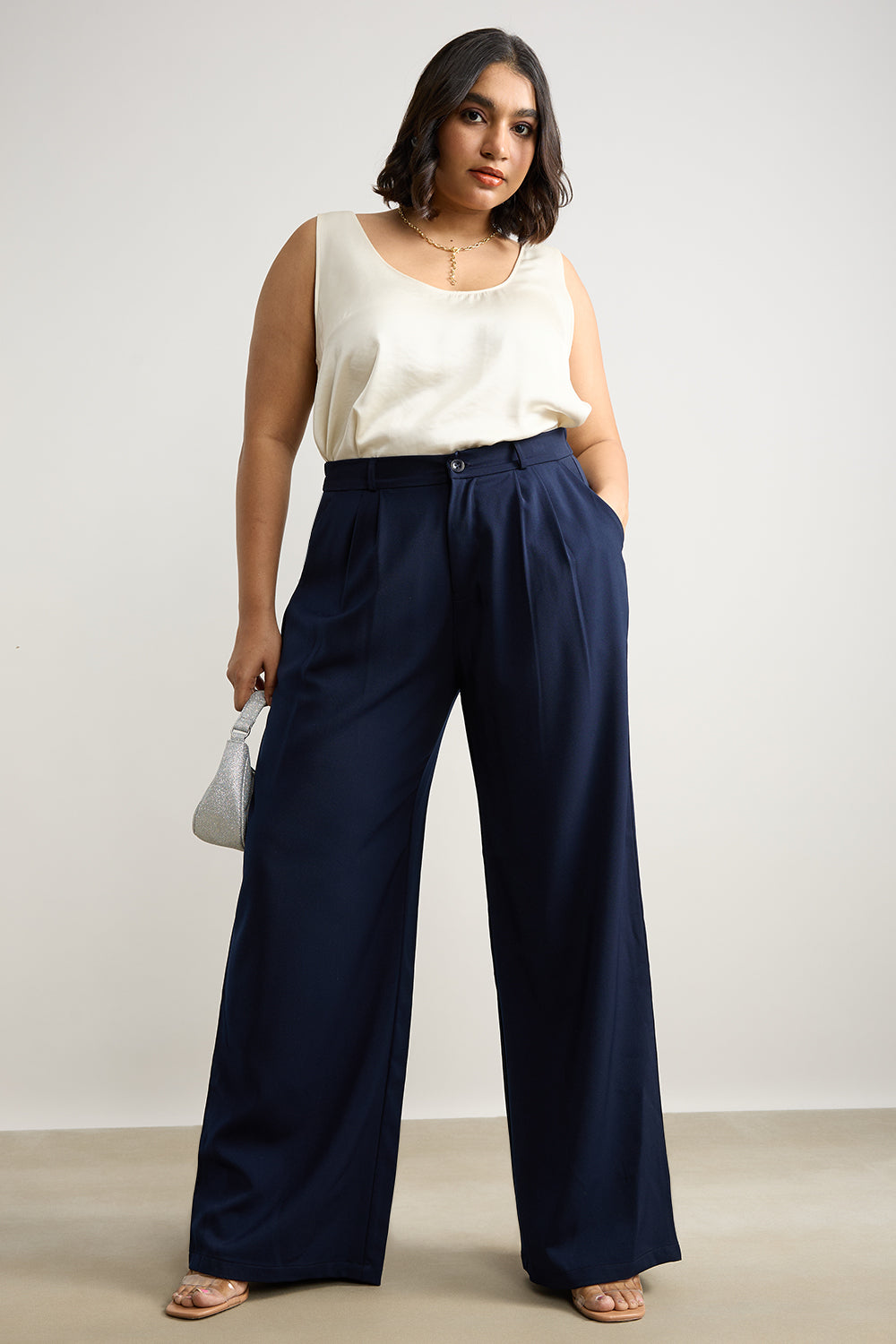 Curve Navy Pleated Straight Korean Pants