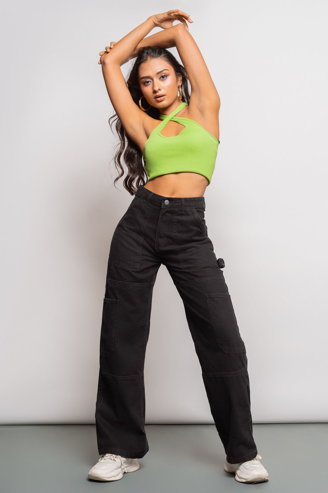 Black Patch & Pocket Women's Straight Cargo Jeans