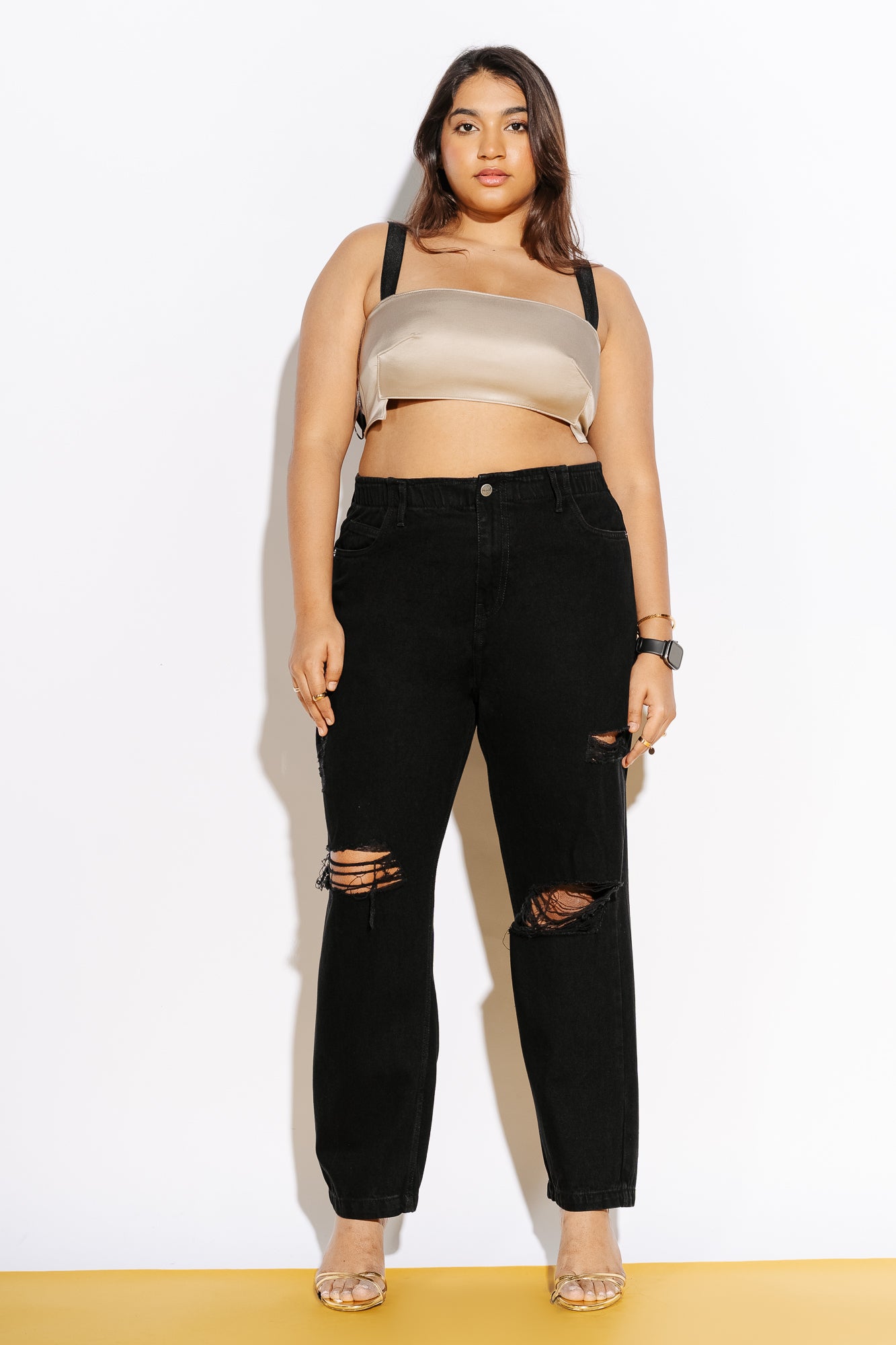 Curve Black Elasticated Distress Slim Jeans