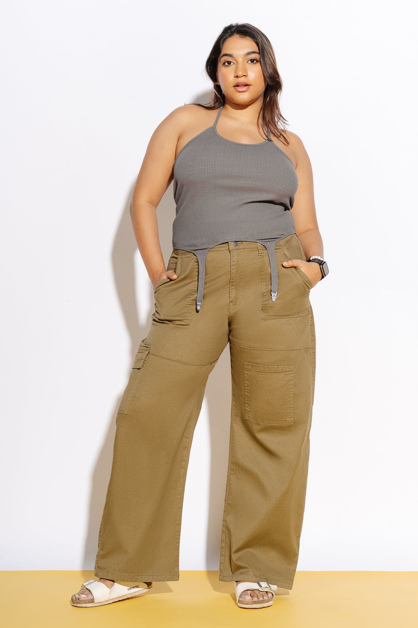 Curve Khaki Straight Cargo Pants
