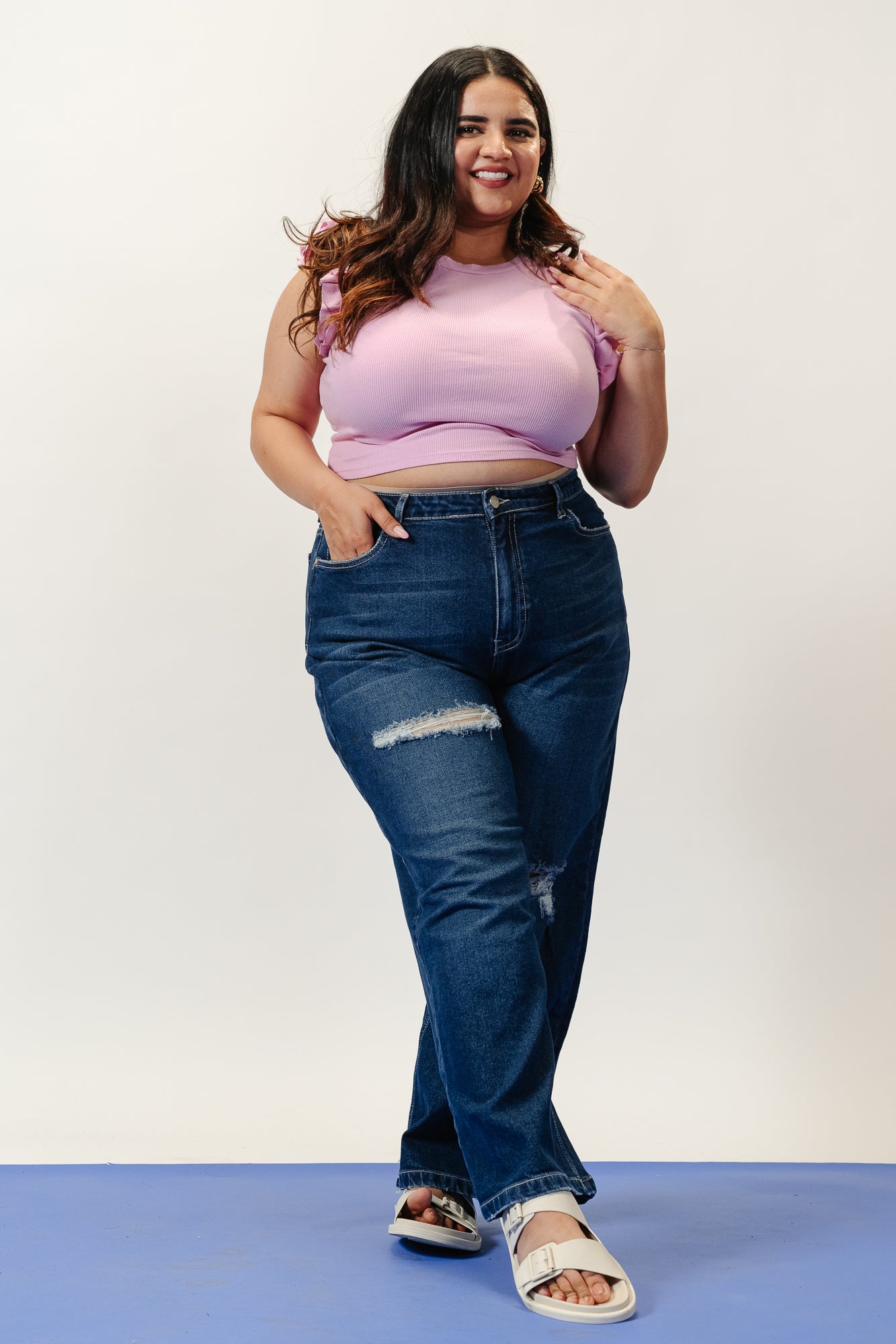 Curve Indigo Distress Straight Jeans