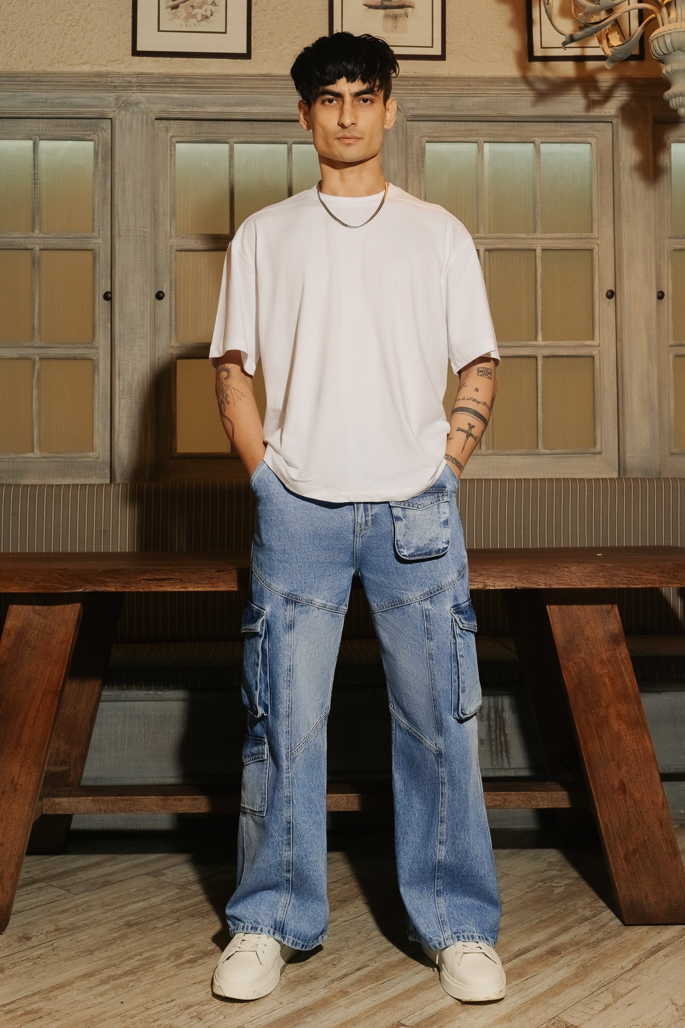 Blue Patch & Seam Men's Wide Cargo Jeans