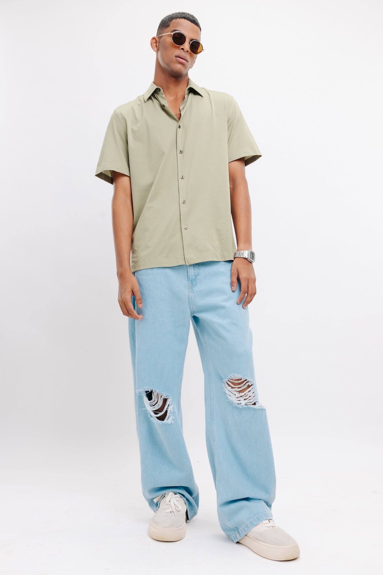 Blue Light Distressed Men's Wide Jeans