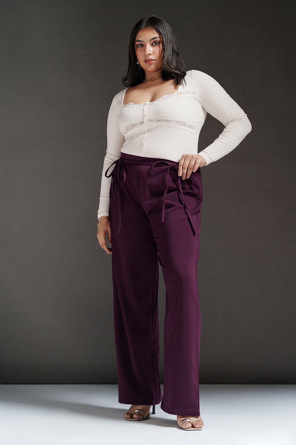 Wine Violet Curve Tie-Up Korean Pants