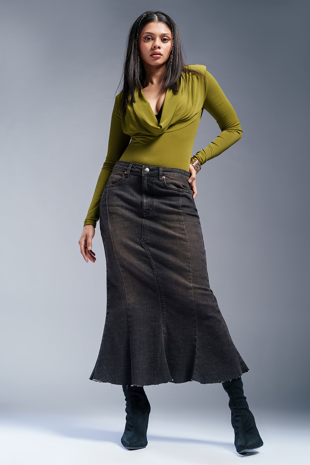 City Black Denim Mermaid Midi Skirt