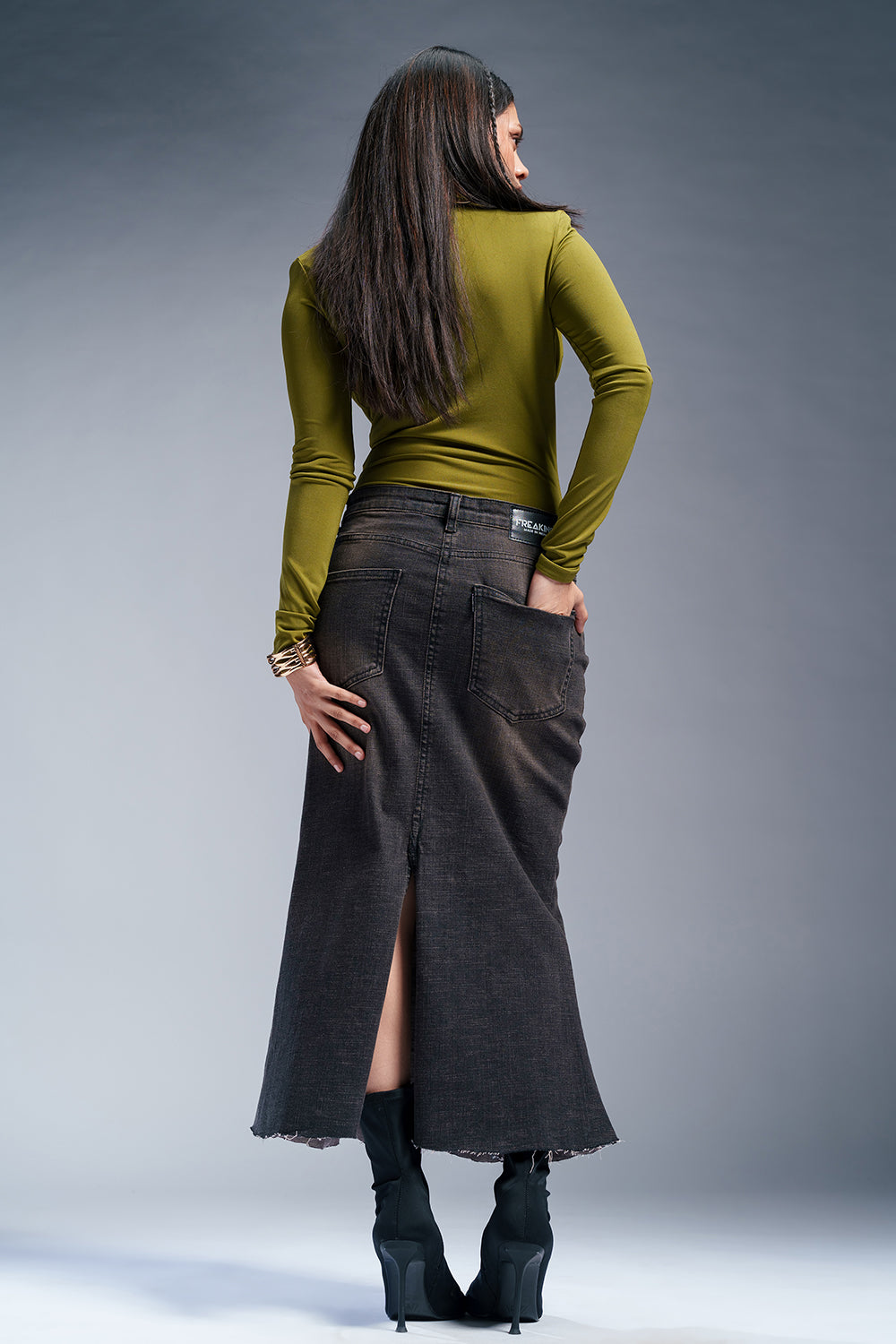 City Black Denim Mermaid Midi Skirt