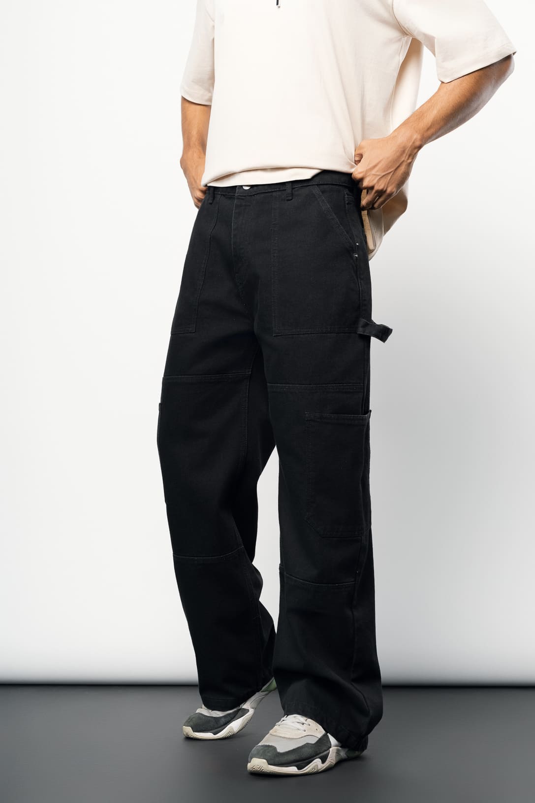 Black Patch & Pocket Cargo Men's Straight Jeans