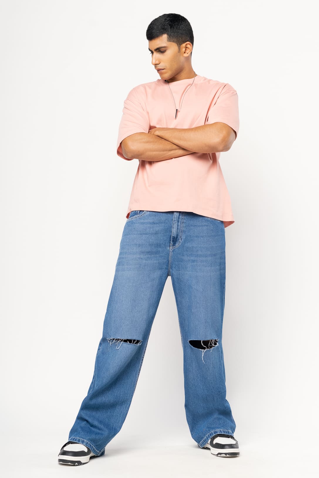 Blue Knee Slit Men's Baggy Straight Jeans